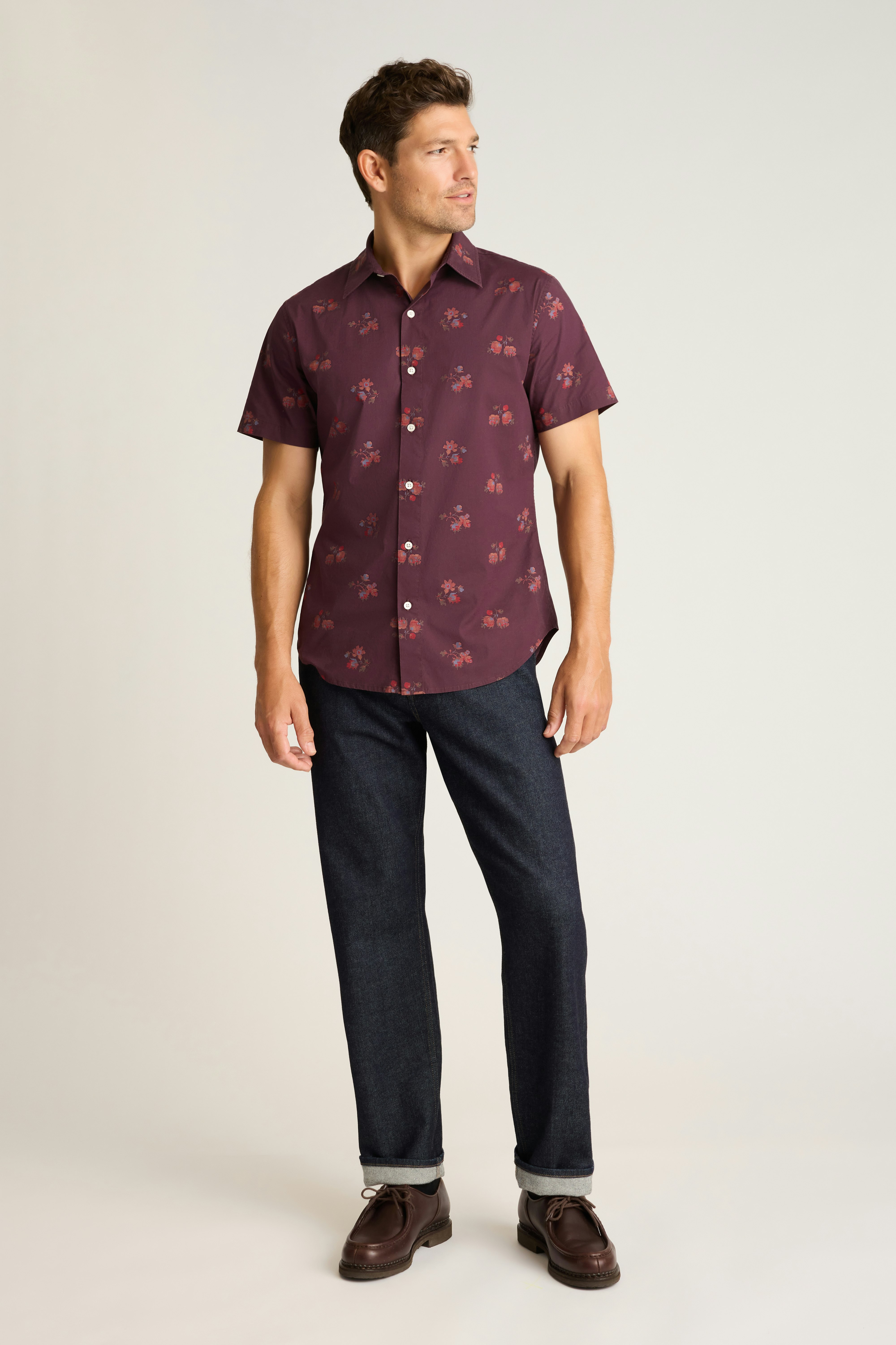 Riviera Short Sleeve Shirt burgundy needlepoint floral