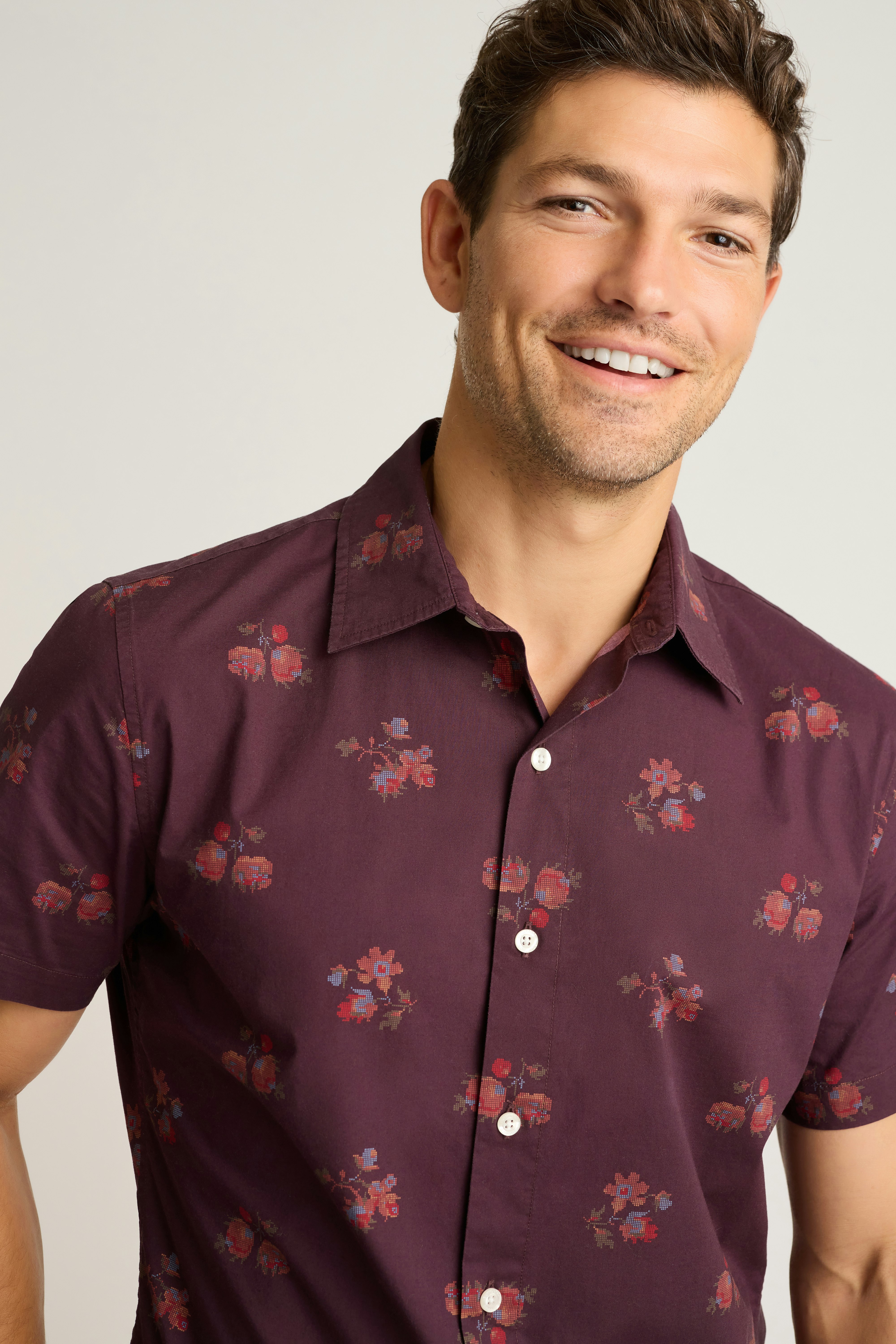 Riviera Short Sleeve Shirt burgundy needlepoint floral