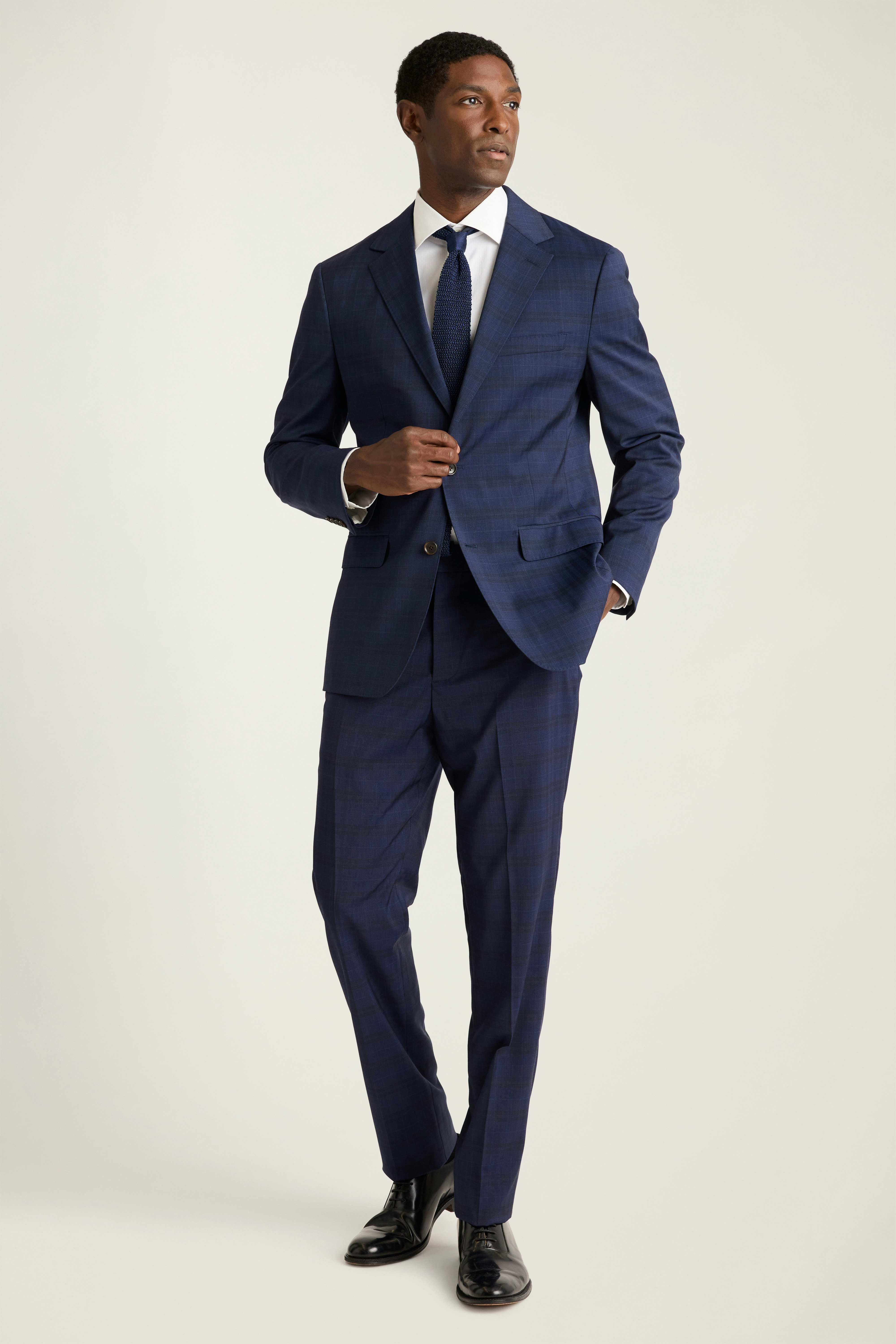 Jetsetter Italian Wool Dress Pant dark navy blue glen plaid