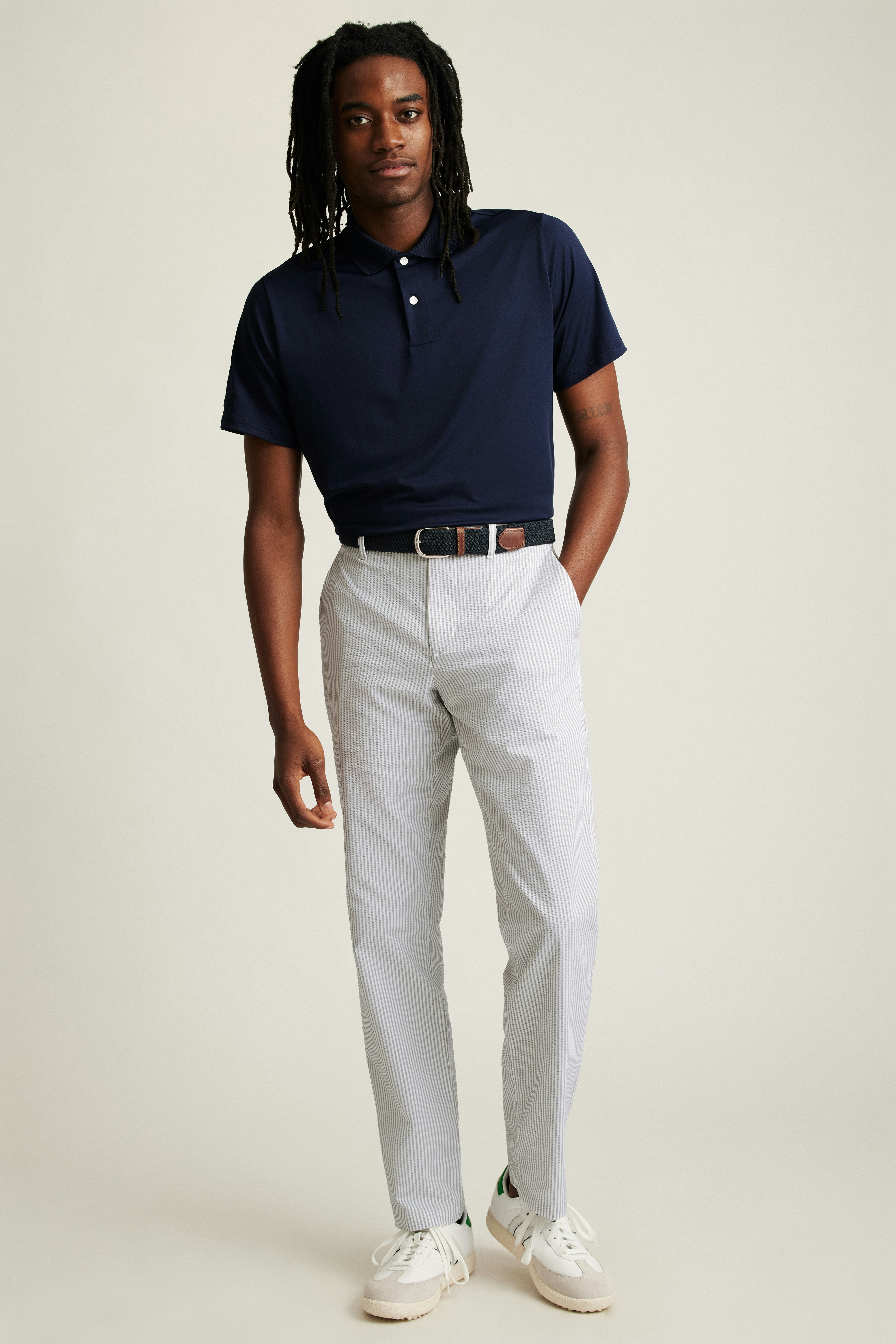 Performance Seersucker Golf Pant grey and white stripe