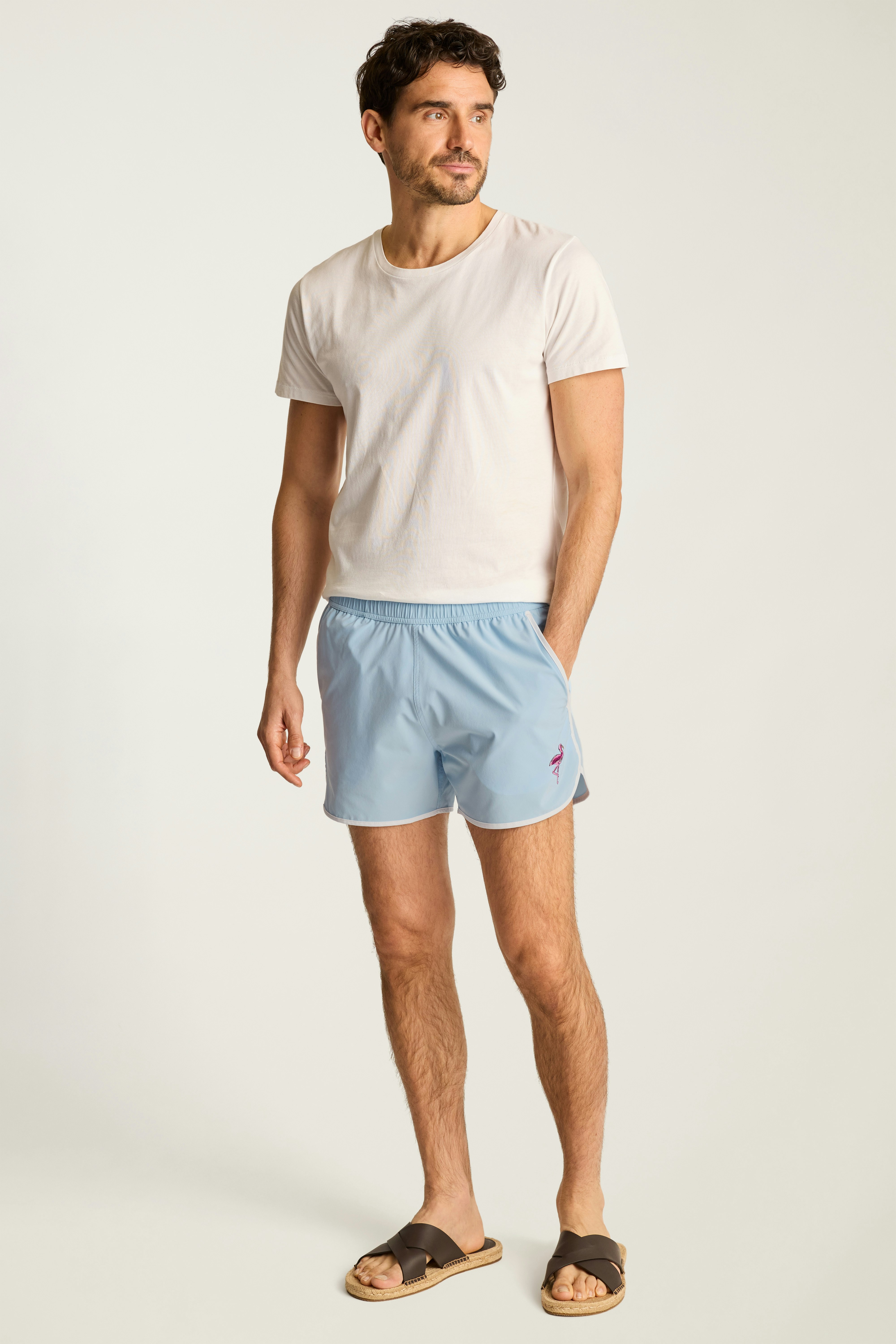 Throwback Swim Trunks blue flamingo embroidery