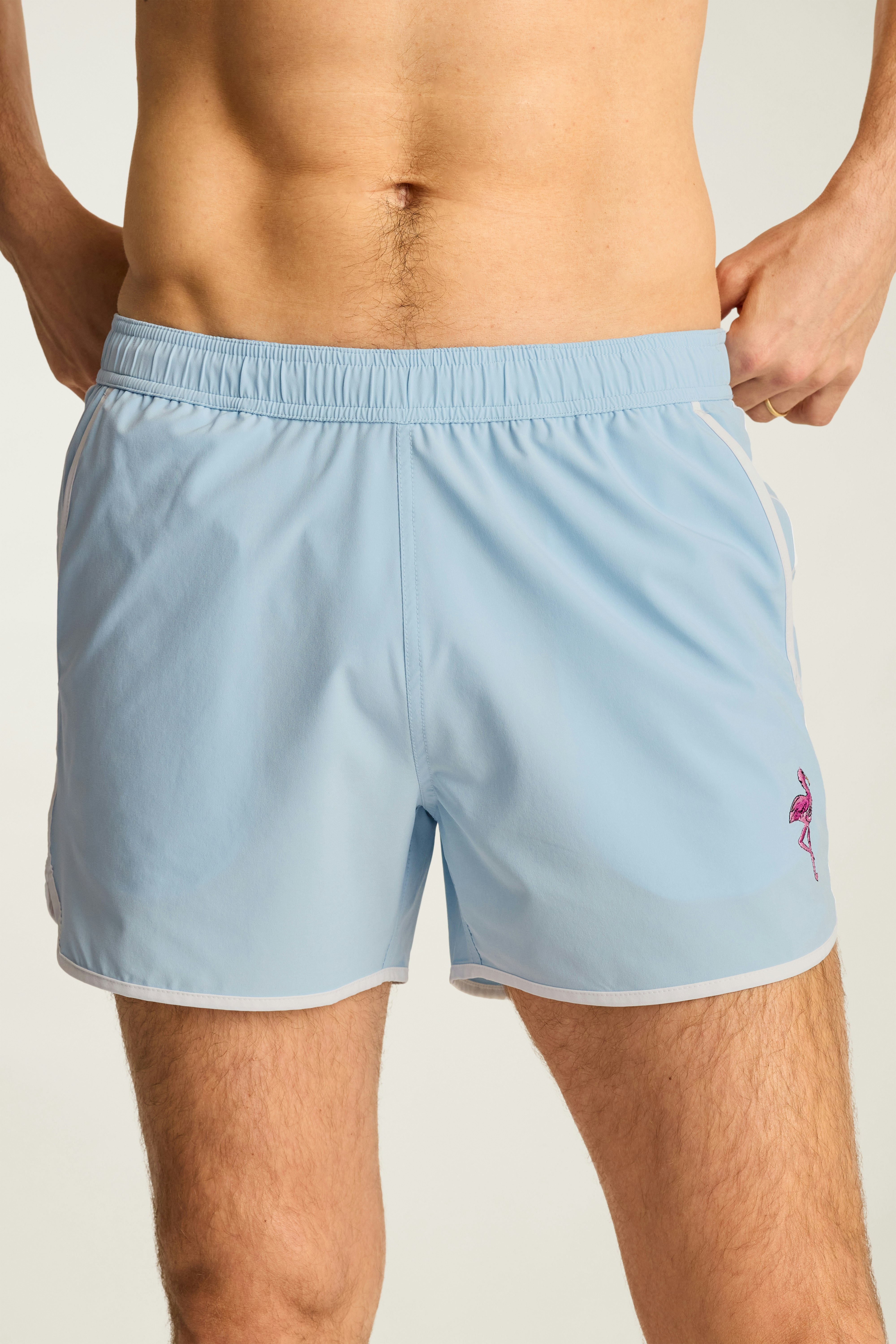 Throwback Swim Trunks blue flamingo embroidery