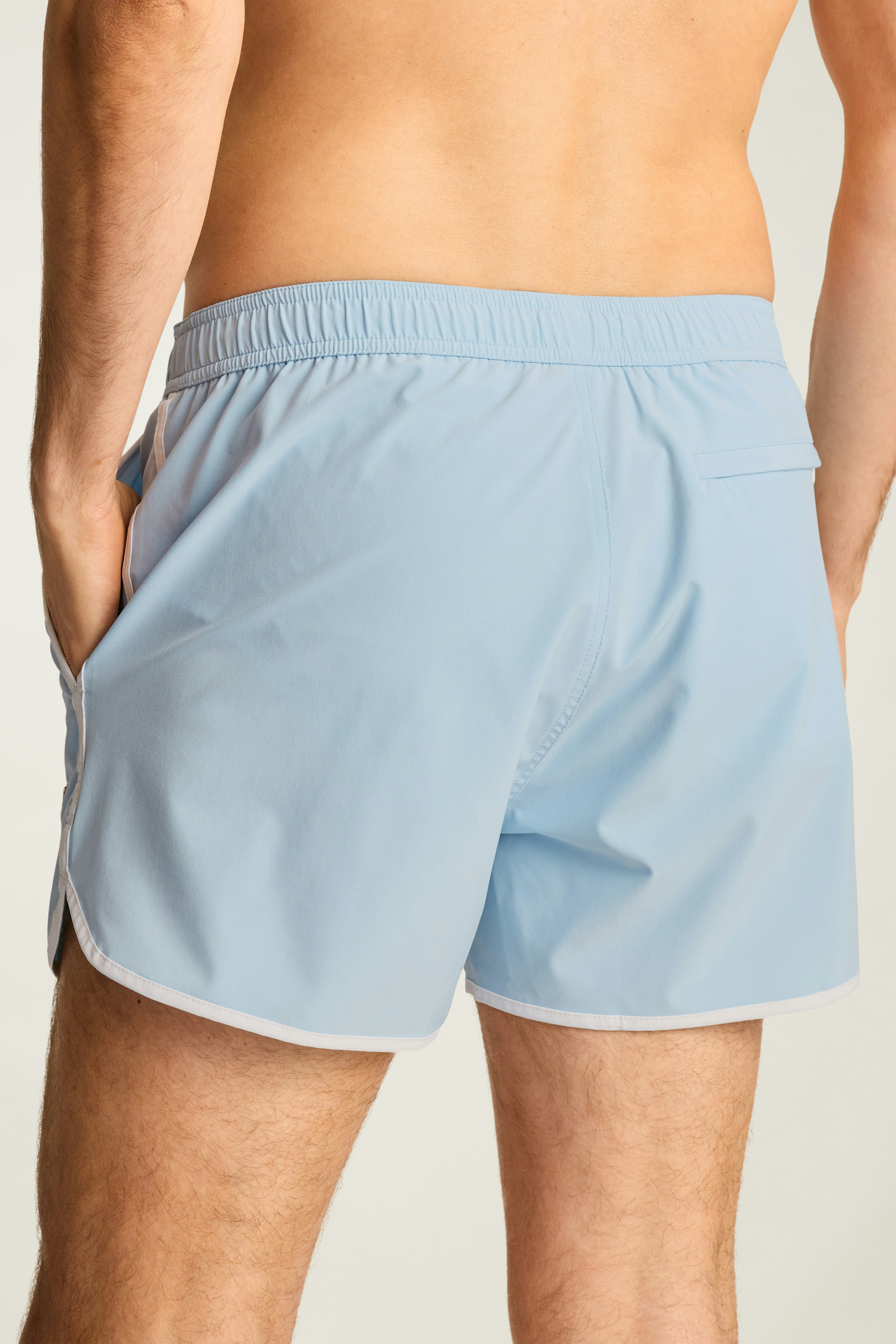 Throwback Swim Trunks blue flamingo embroidery