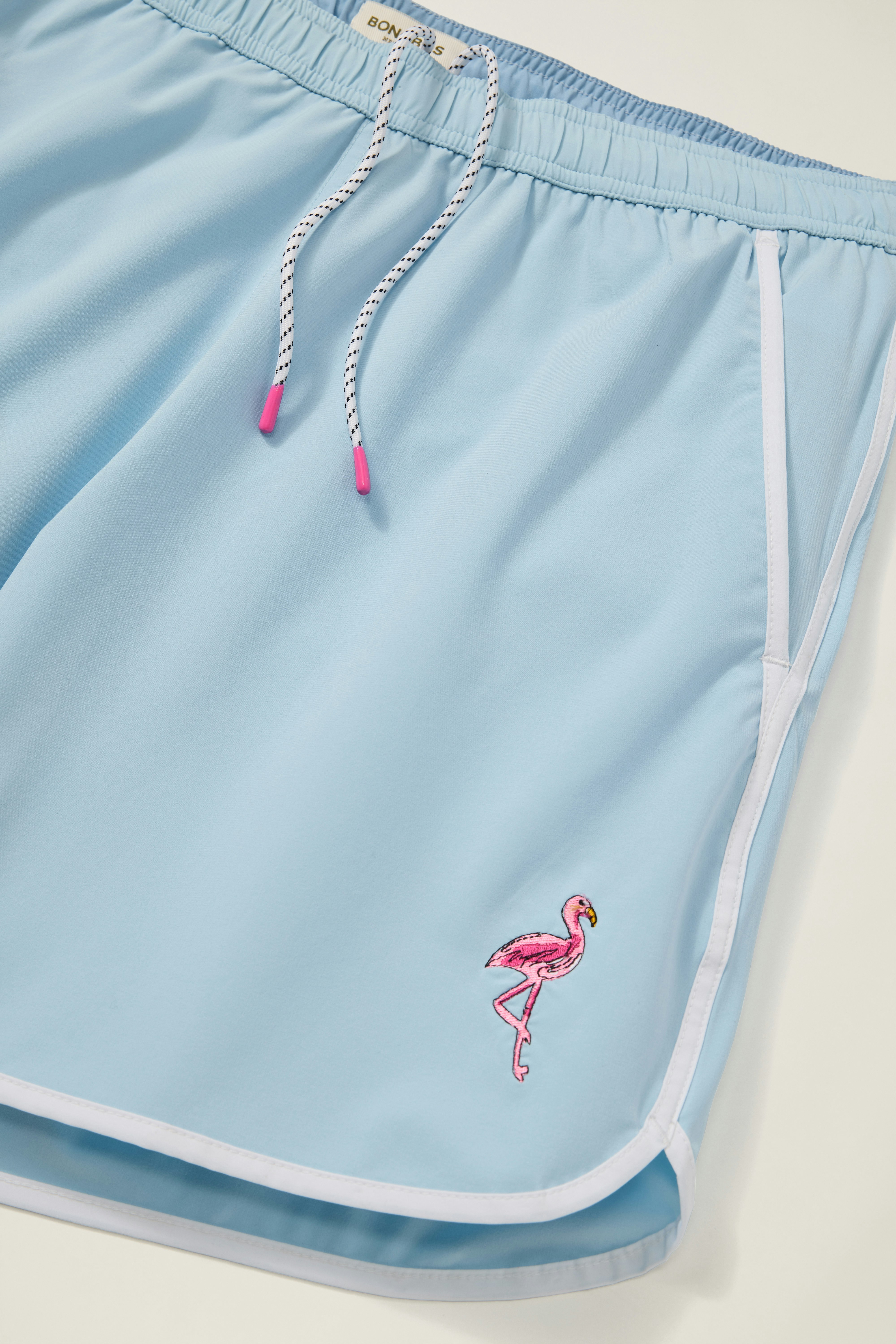 Throwback Swim Trunks blue flamingo embroidery