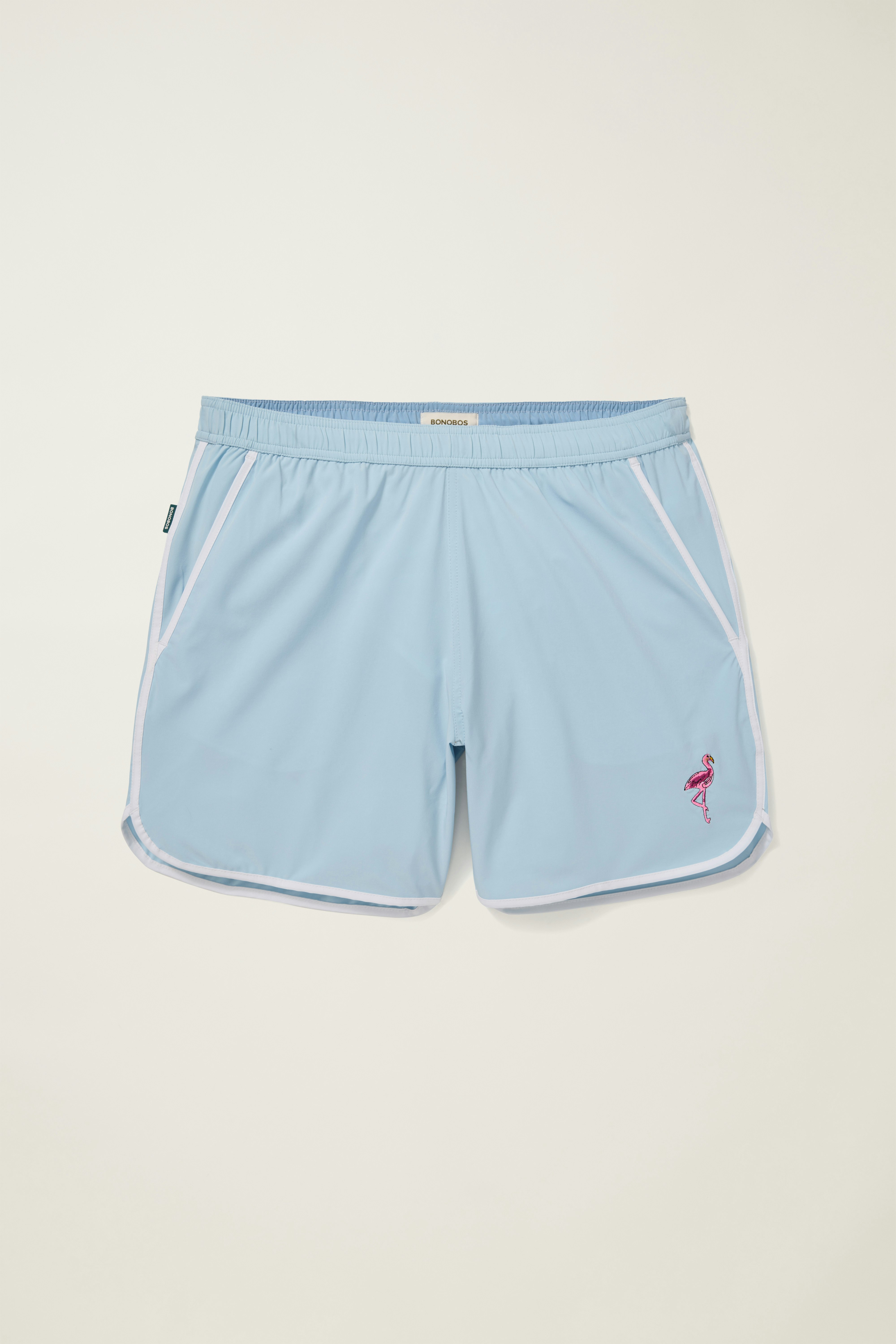 Throwback Swim Trunks blue flamingo embroidery