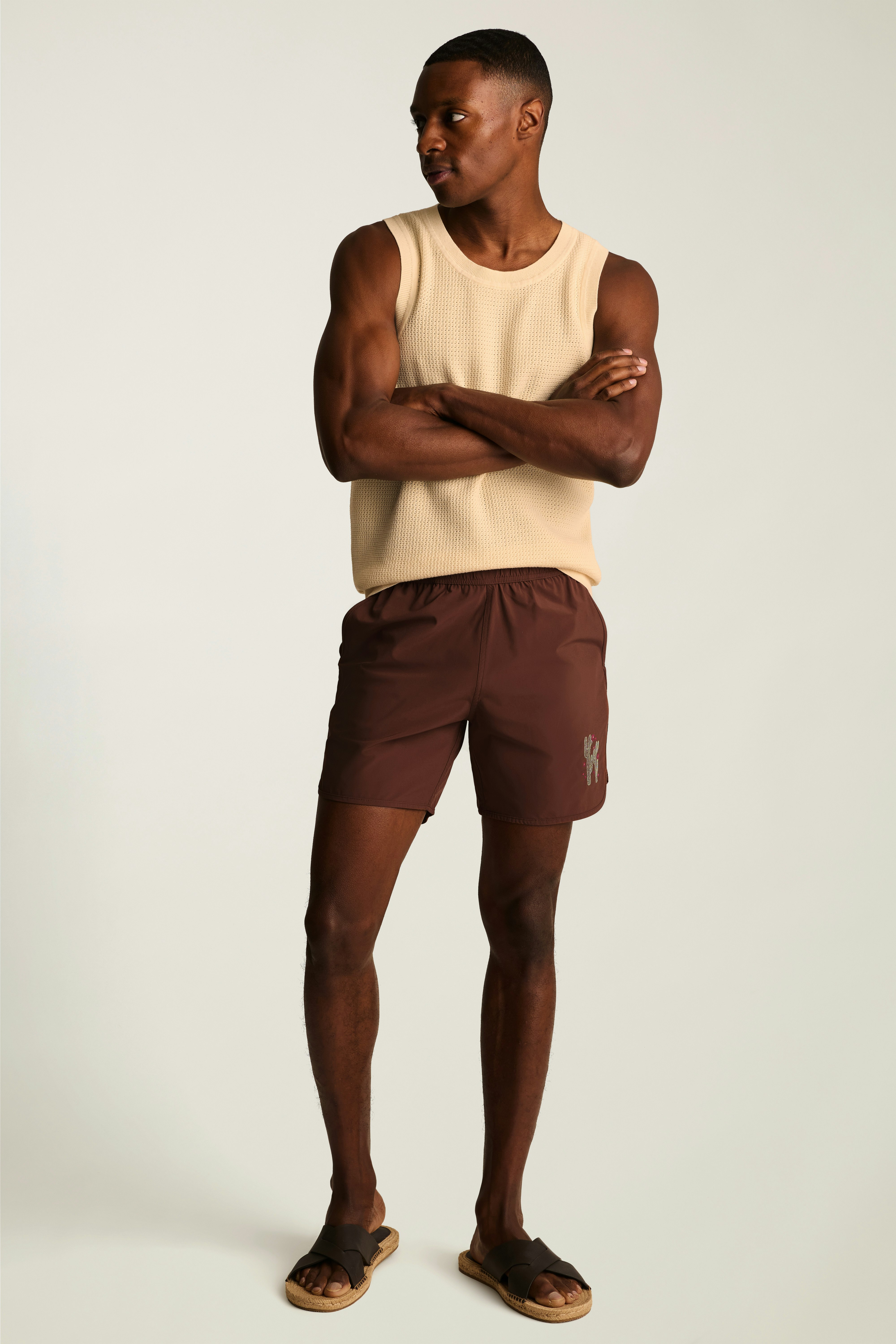 Throwback Swim Trunks brown cacti embroidery