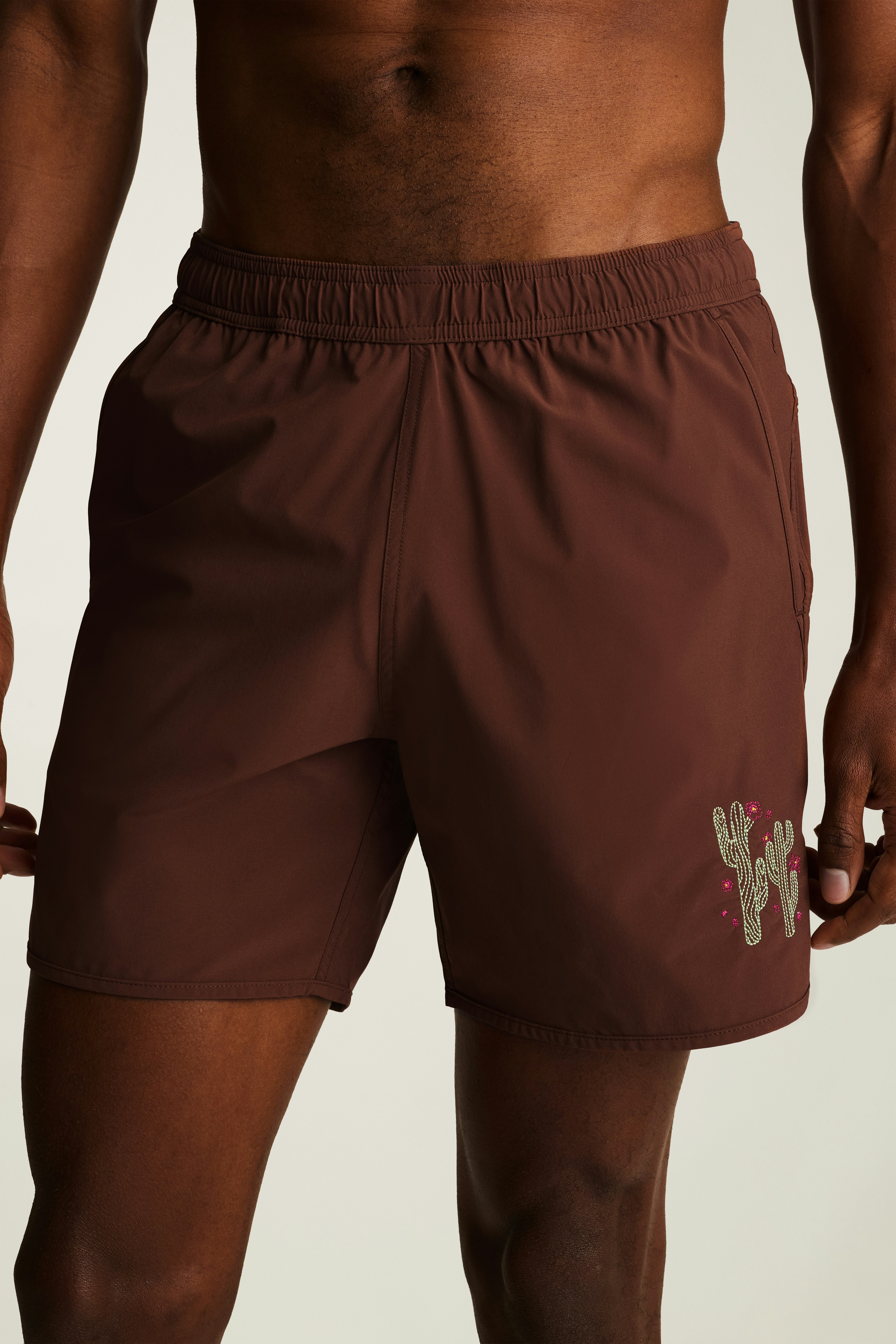 Throwback Swim Trunks brown cacti embroidery
