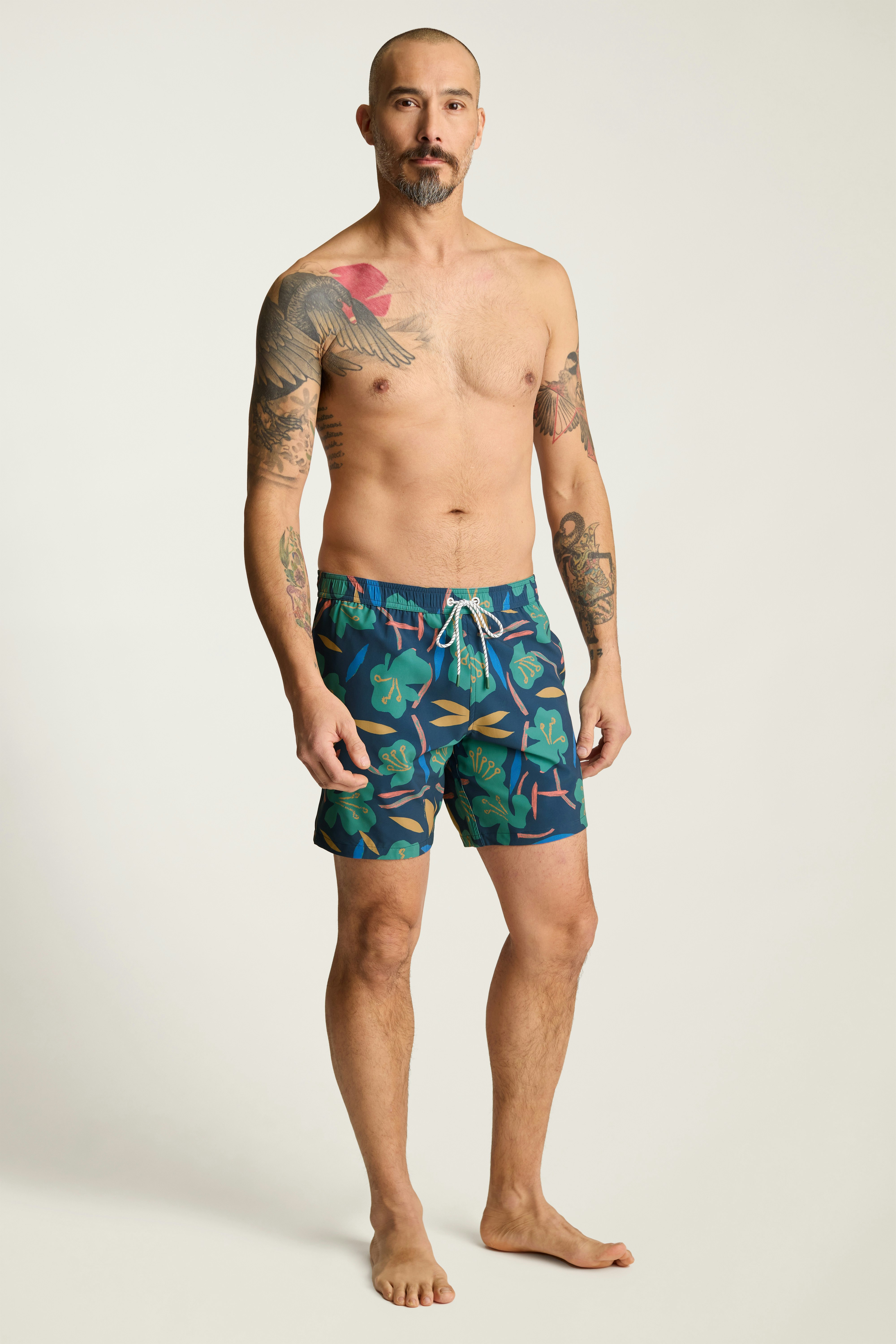 Riviera Swim Trunks blue floral brushstrokes