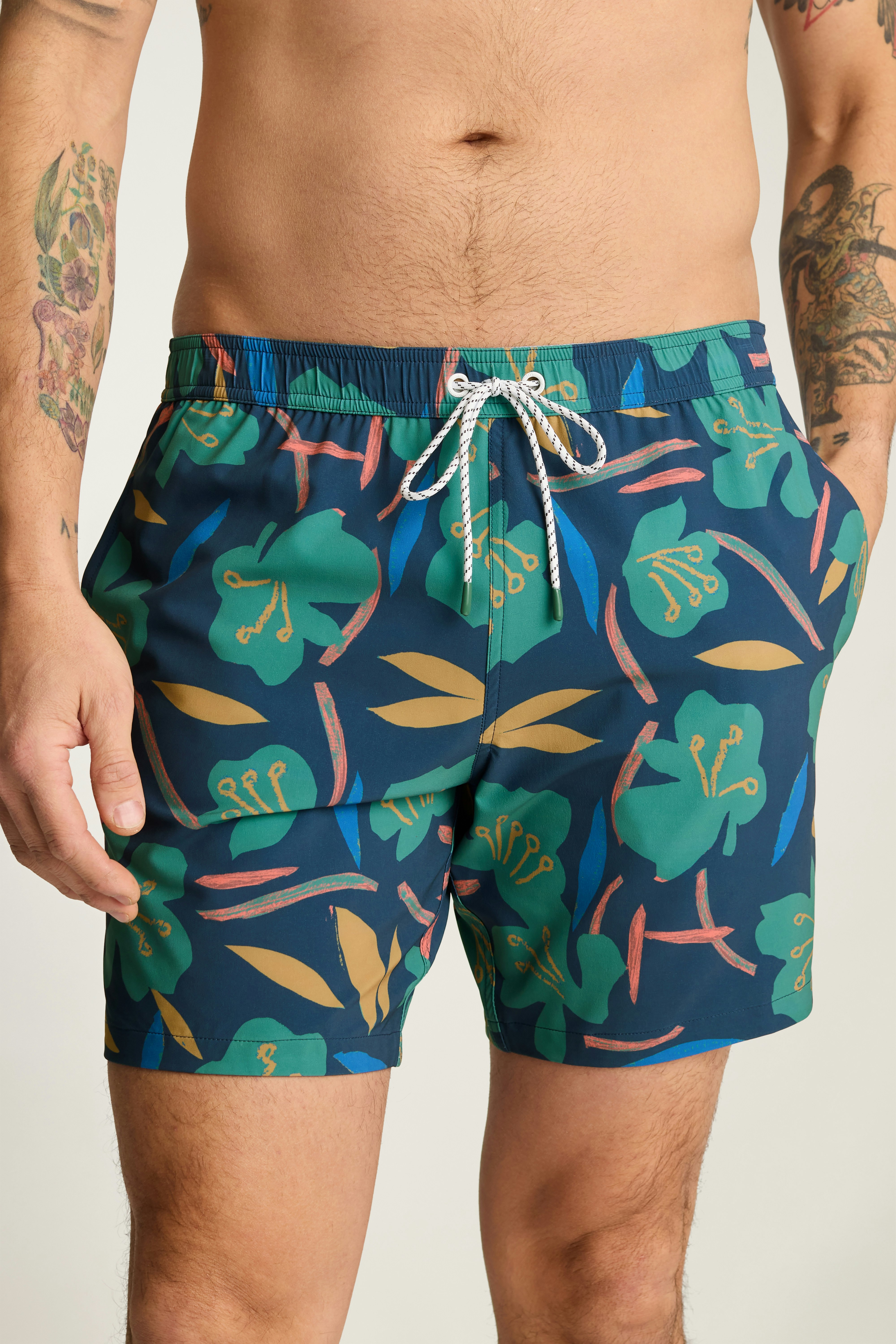 Riviera Swim Trunks blue floral brushstrokes