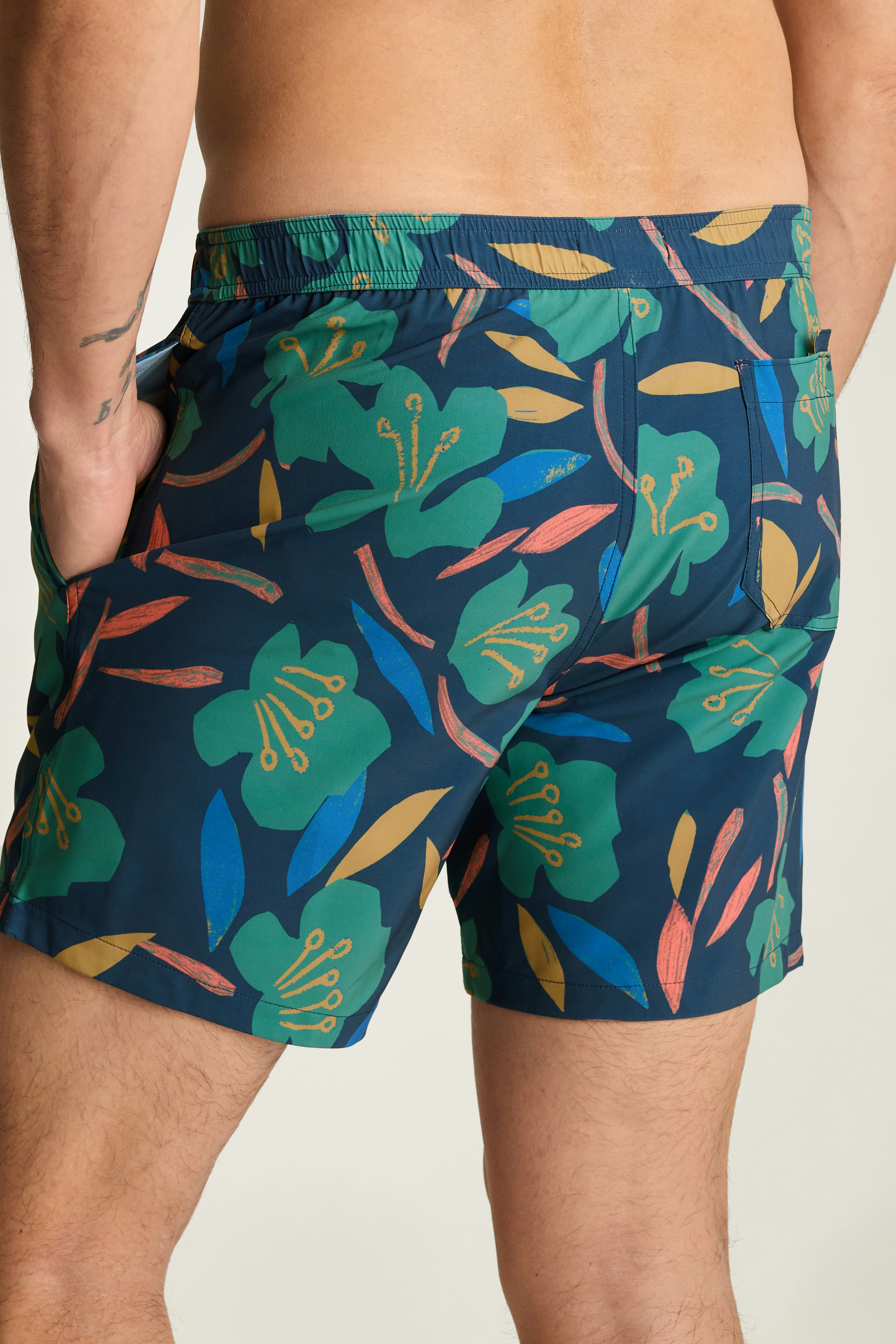 Riviera Swim Trunks blue floral brushstrokes