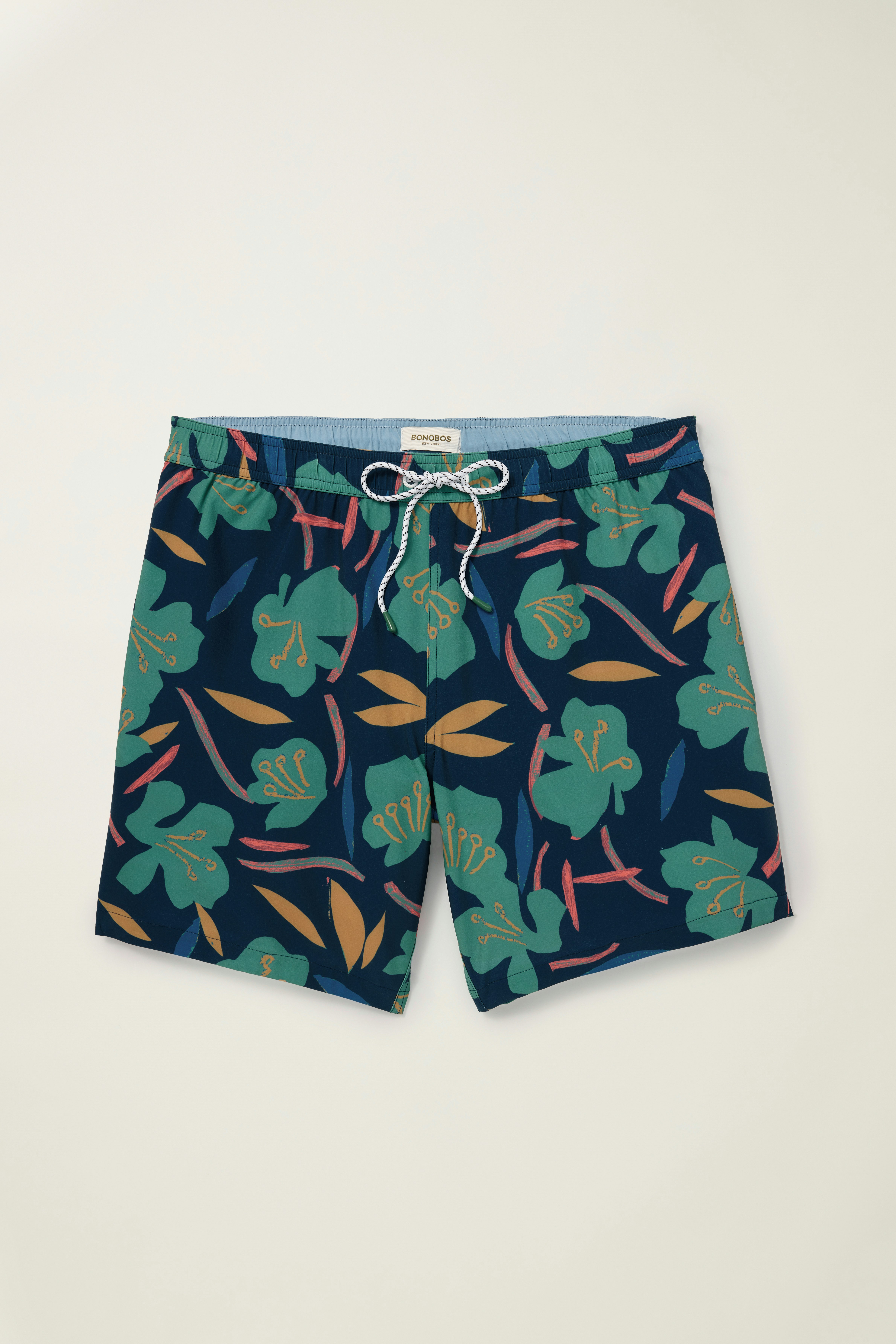 Riviera Swim Trunks blue floral brushstrokes