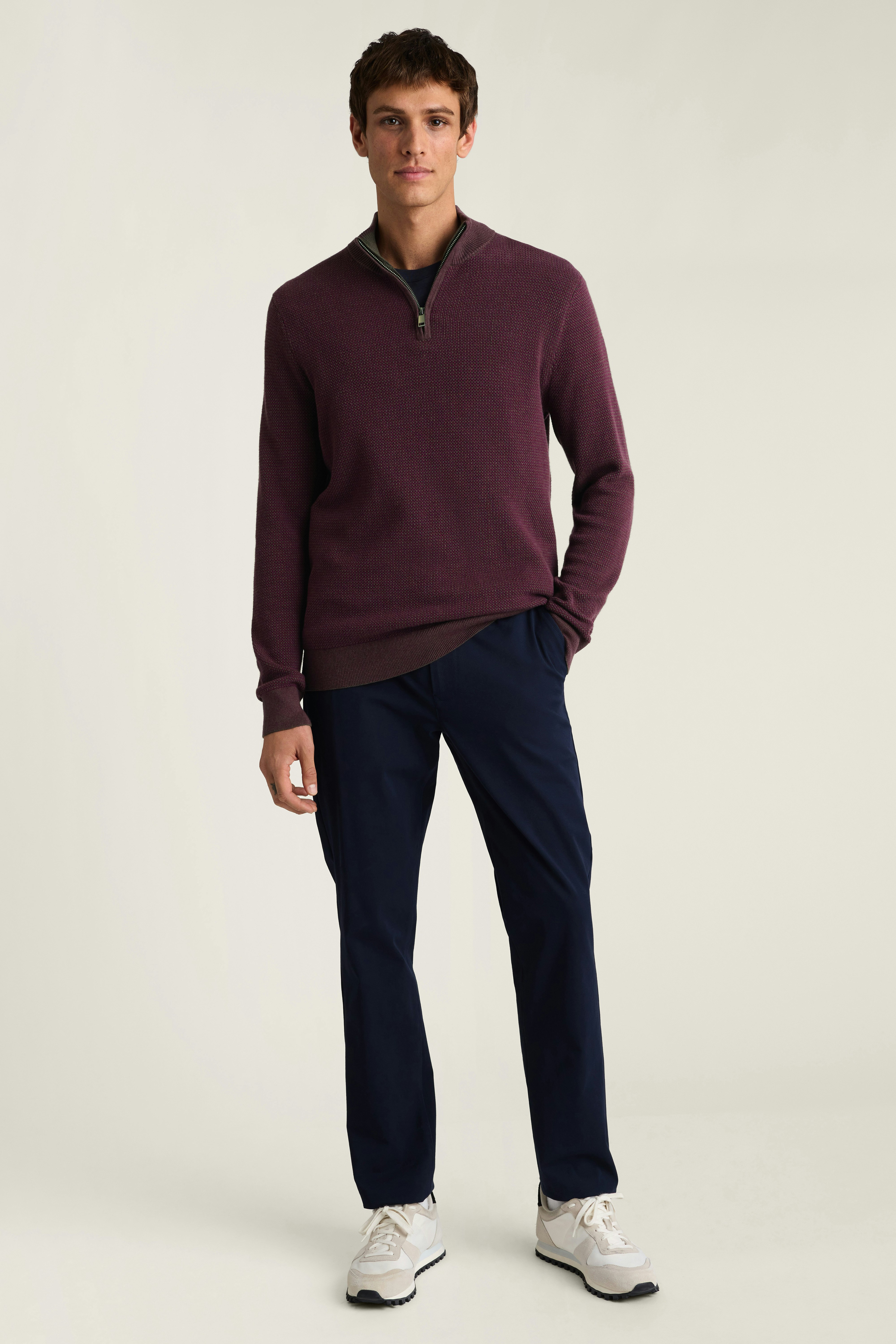 Washable Cotton Cashmere Quarter Zip burgundy feeder stripe
