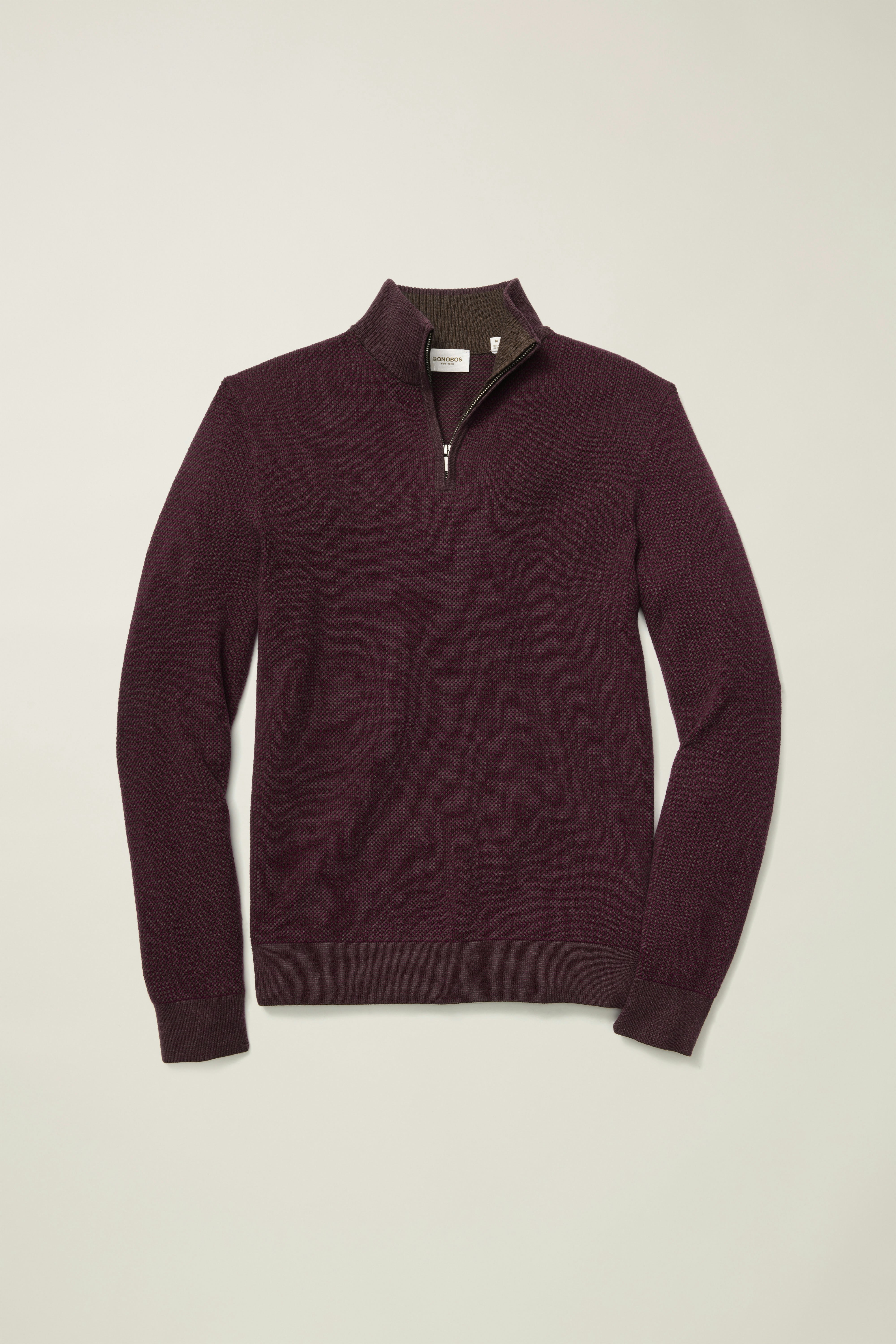 Washable Cotton Cashmere Quarter Zip burgundy feeder stripe