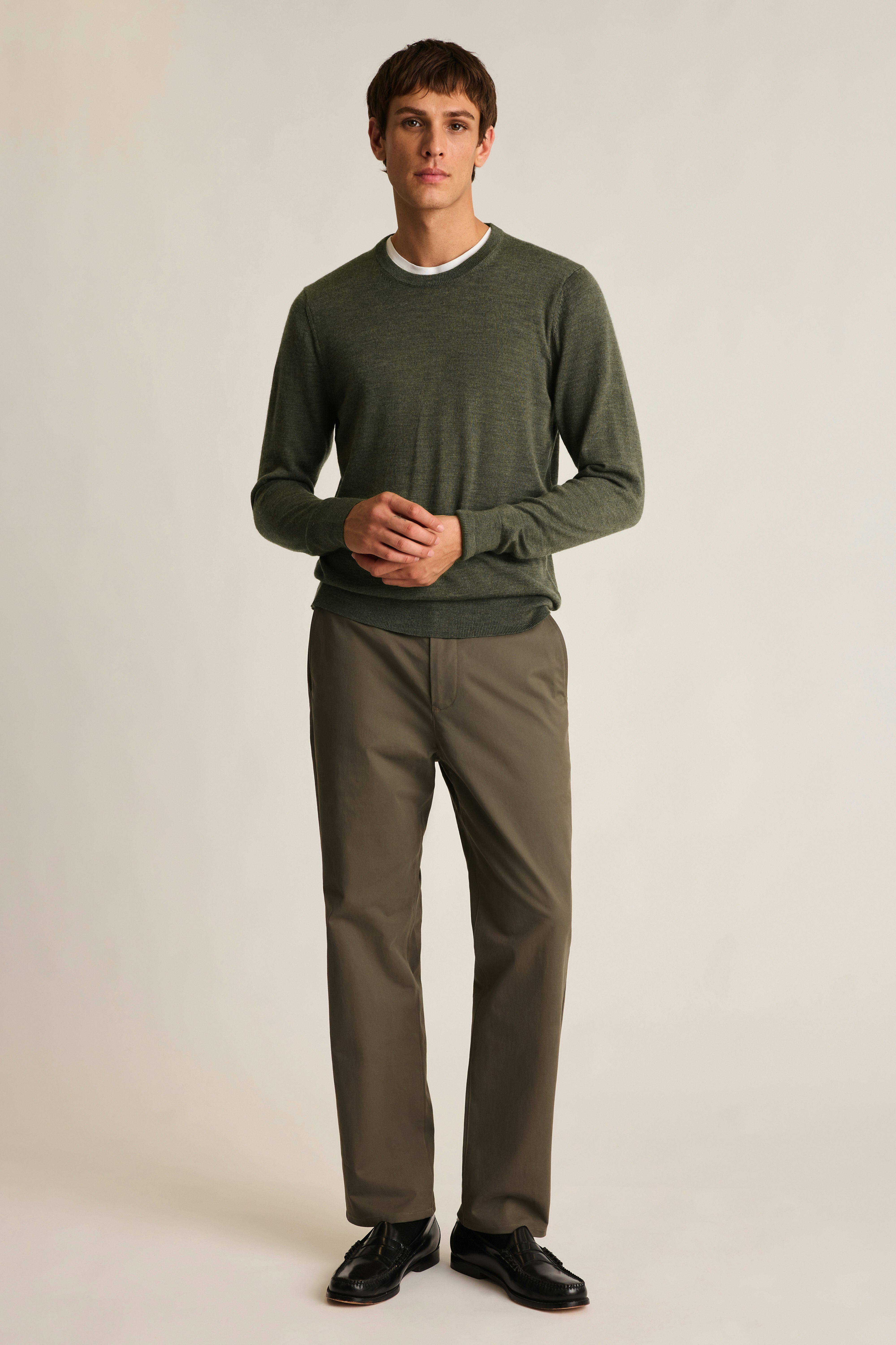 Washable Merino Crew Neck Sweater olive green heather