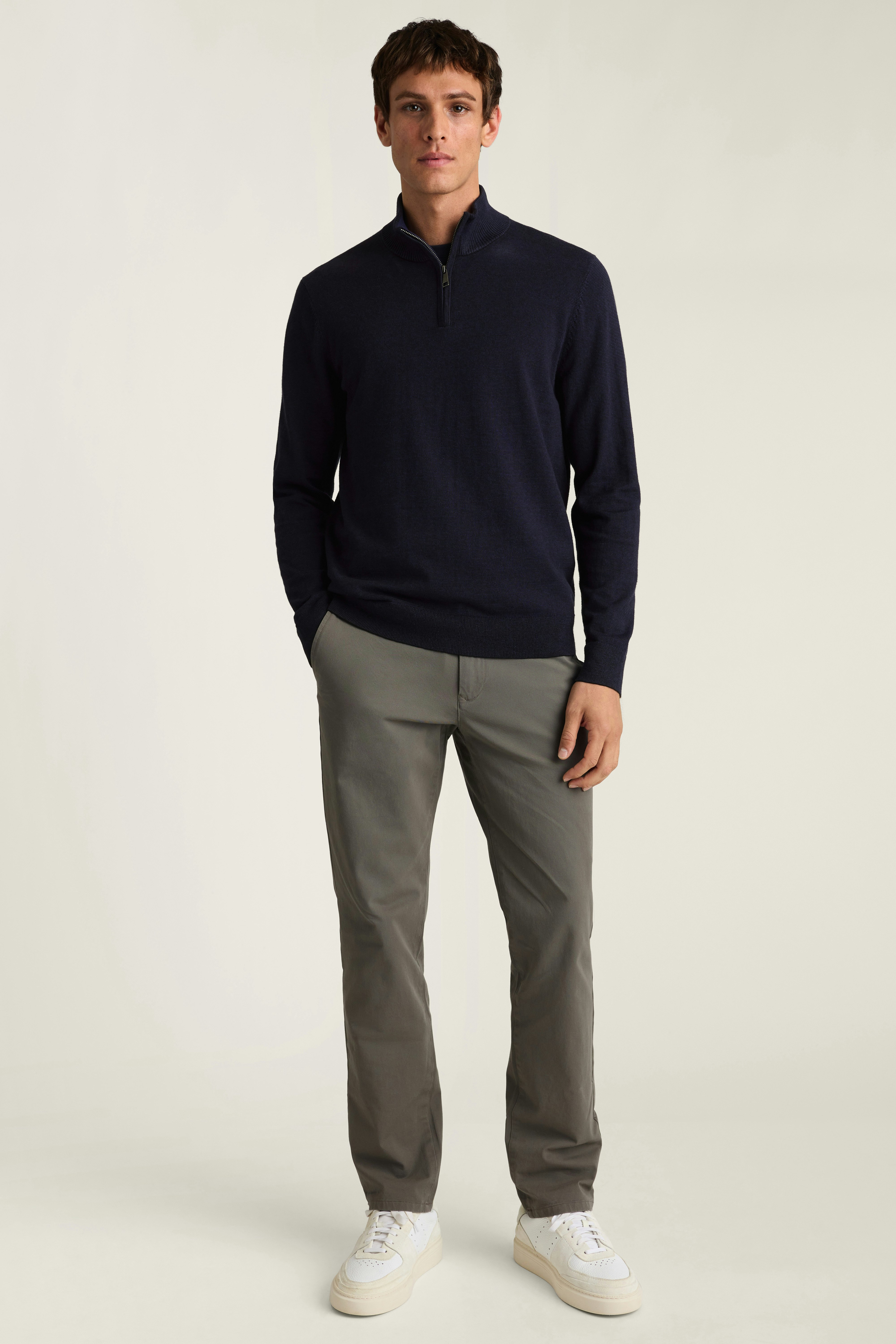 Washable Cotton Cashmere Quarter Zip navy blue feeder stripe
