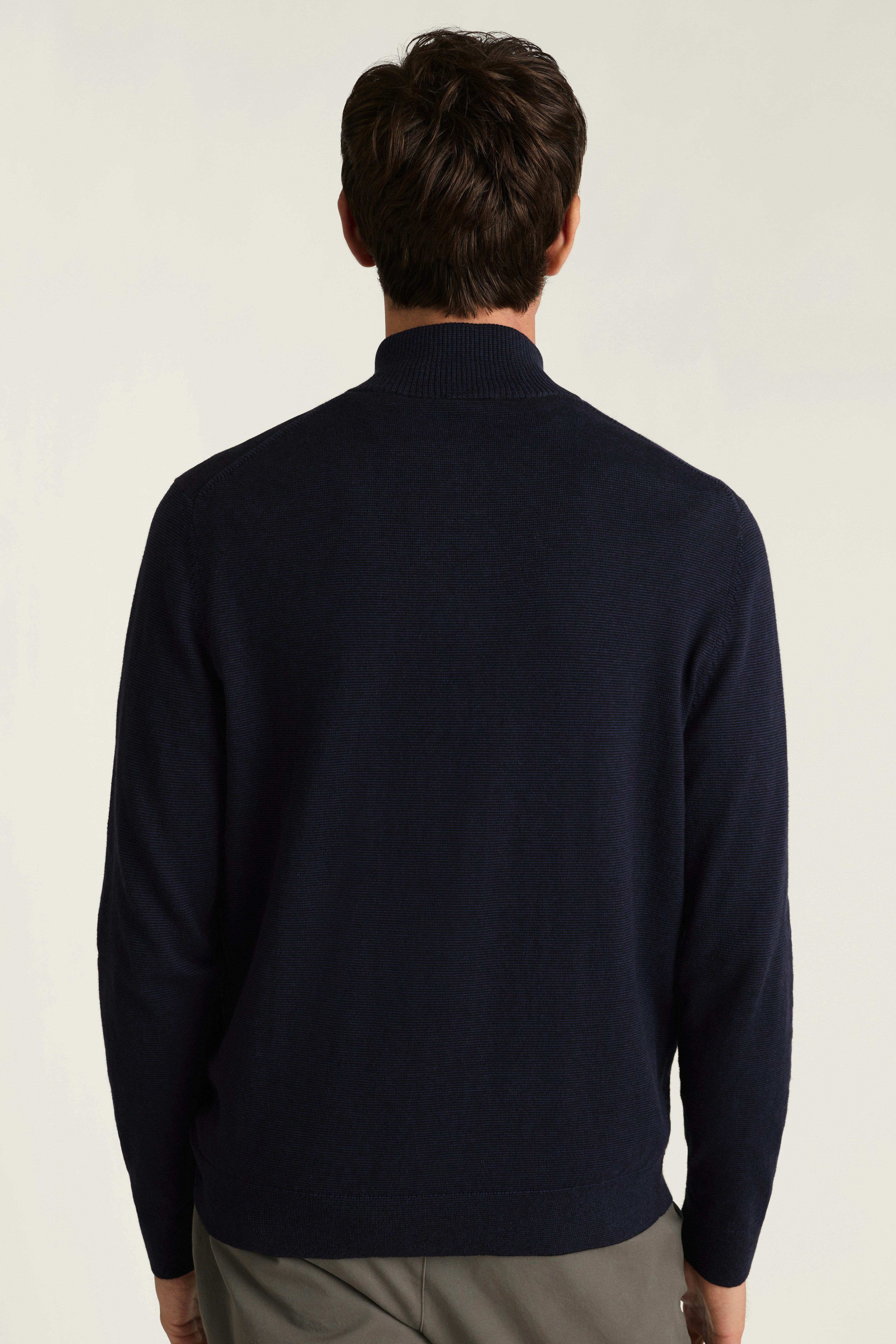 Washable Cotton Cashmere Quarter Zip navy blue feeder stripe