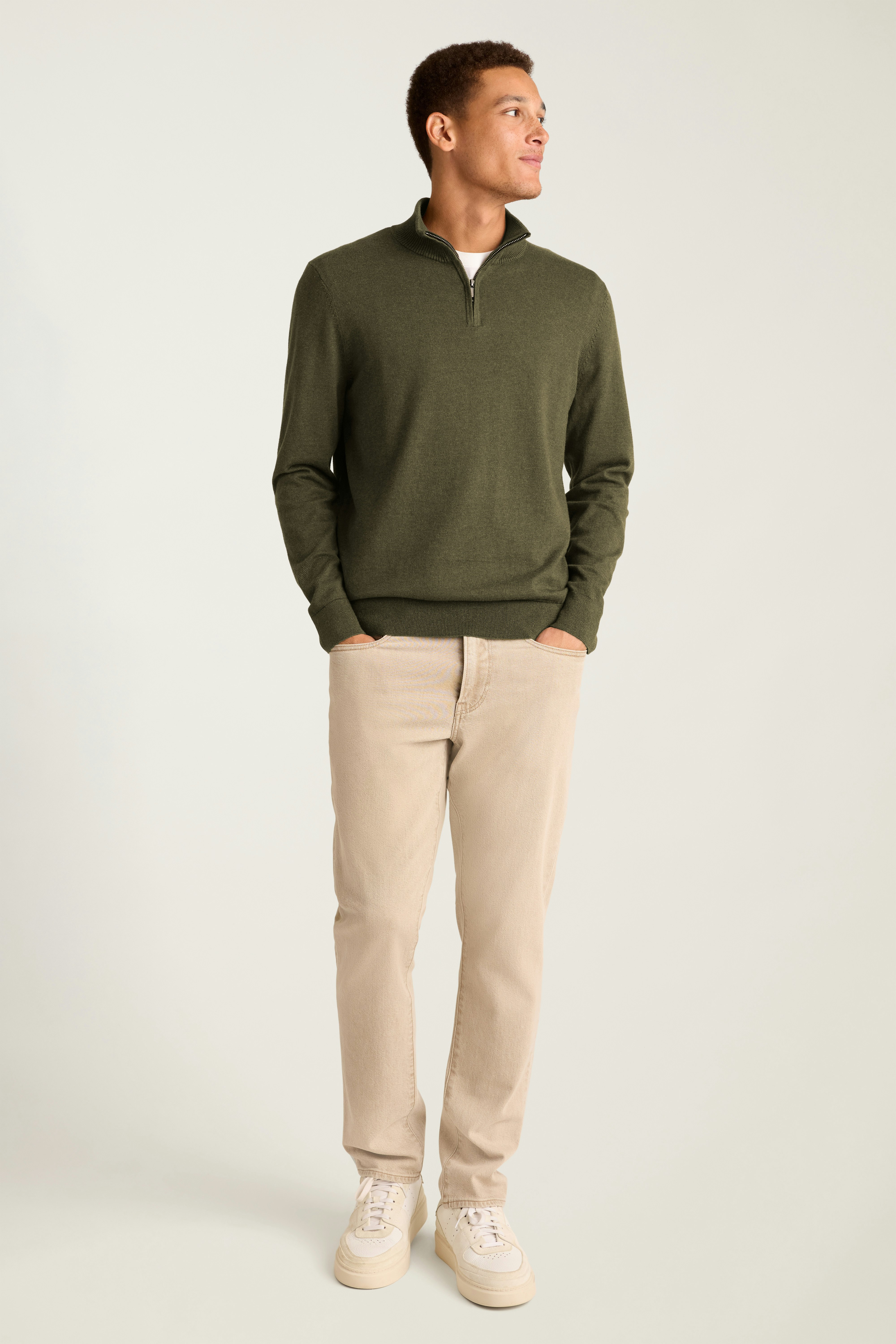 Washable Cotton Cashmere Quarter Zip olive green feeder stripe