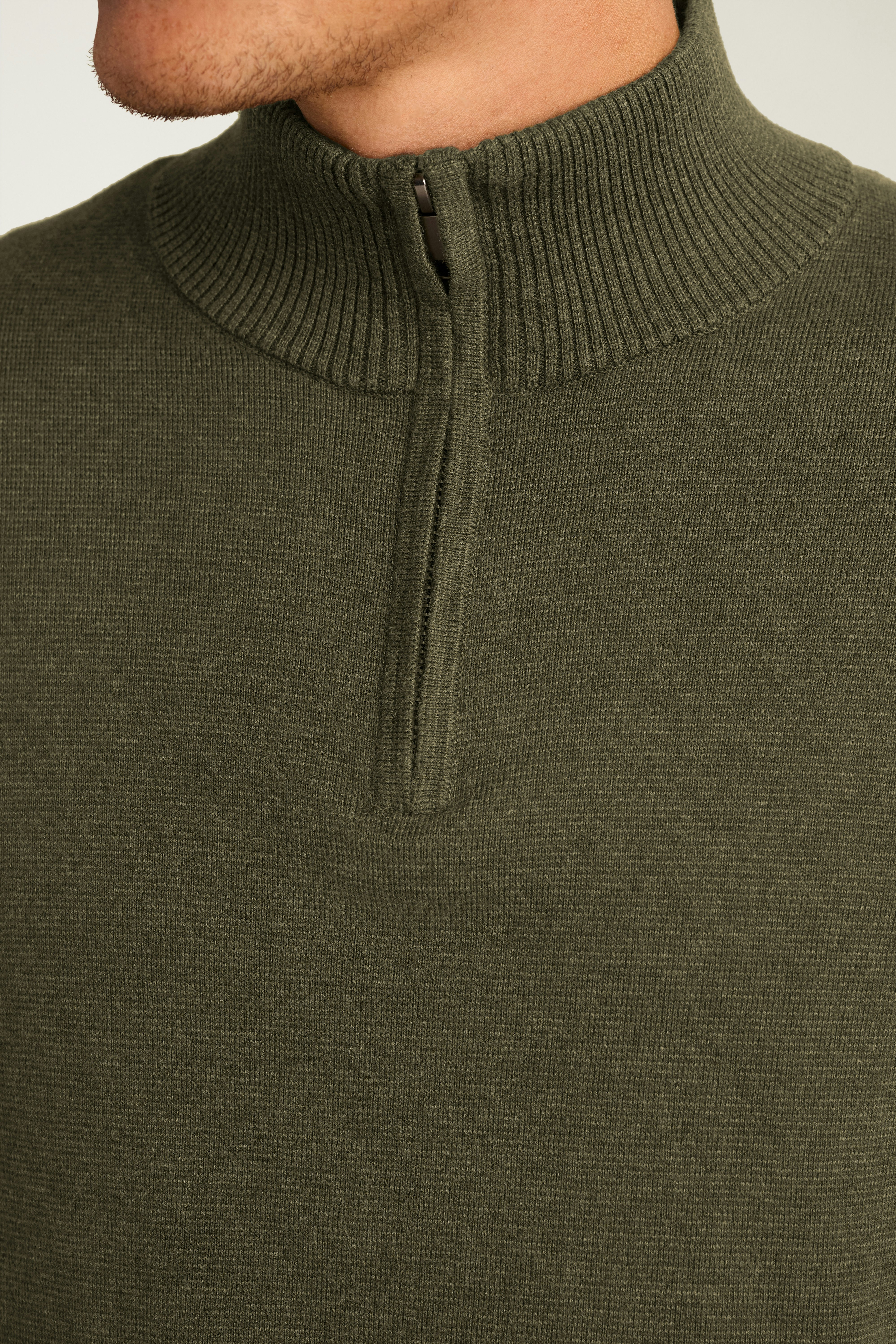 Washable Cotton Cashmere Quarter Zip olive green feeder stripe
