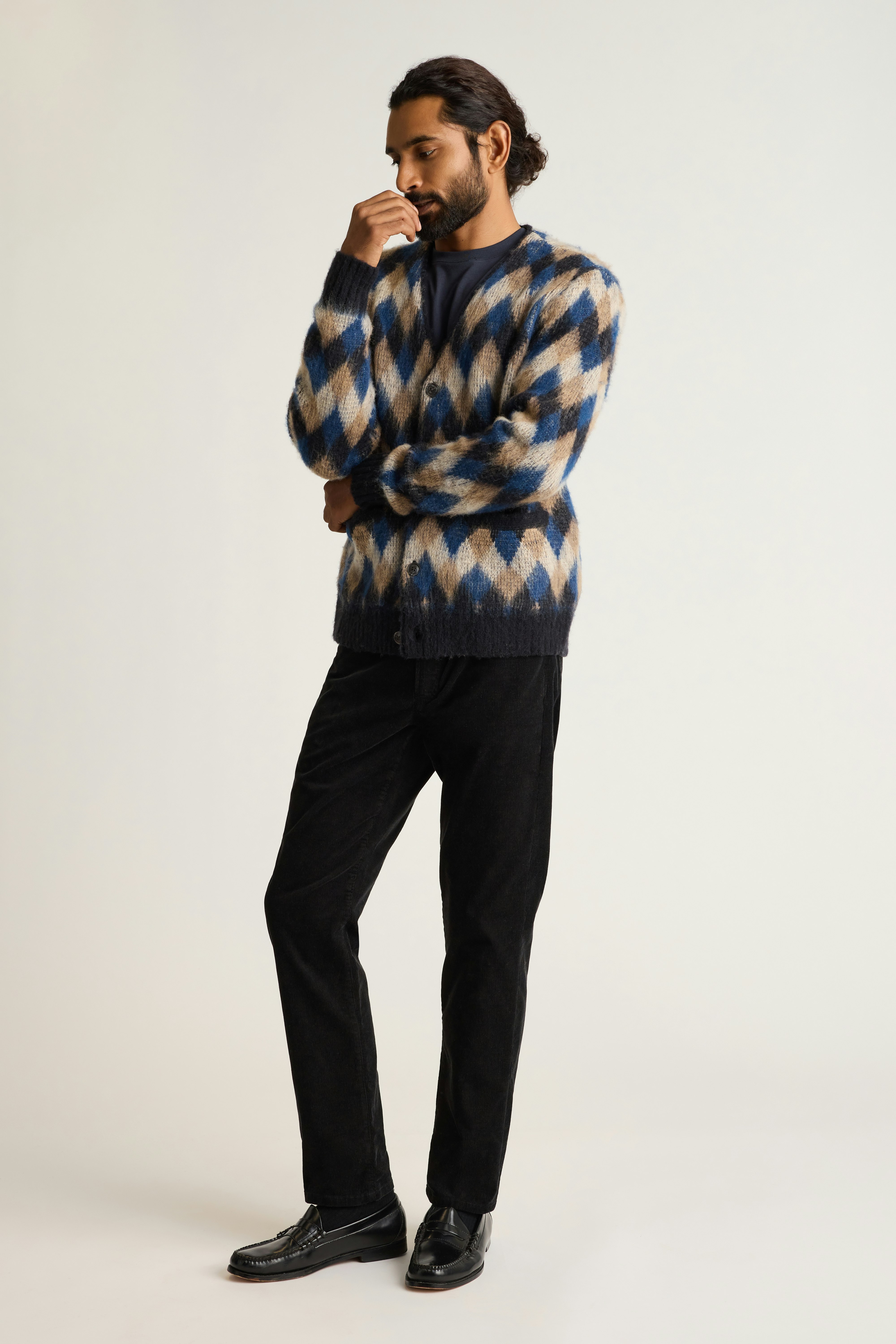 Italian Brushed Wool Cardigan blue tan argyle