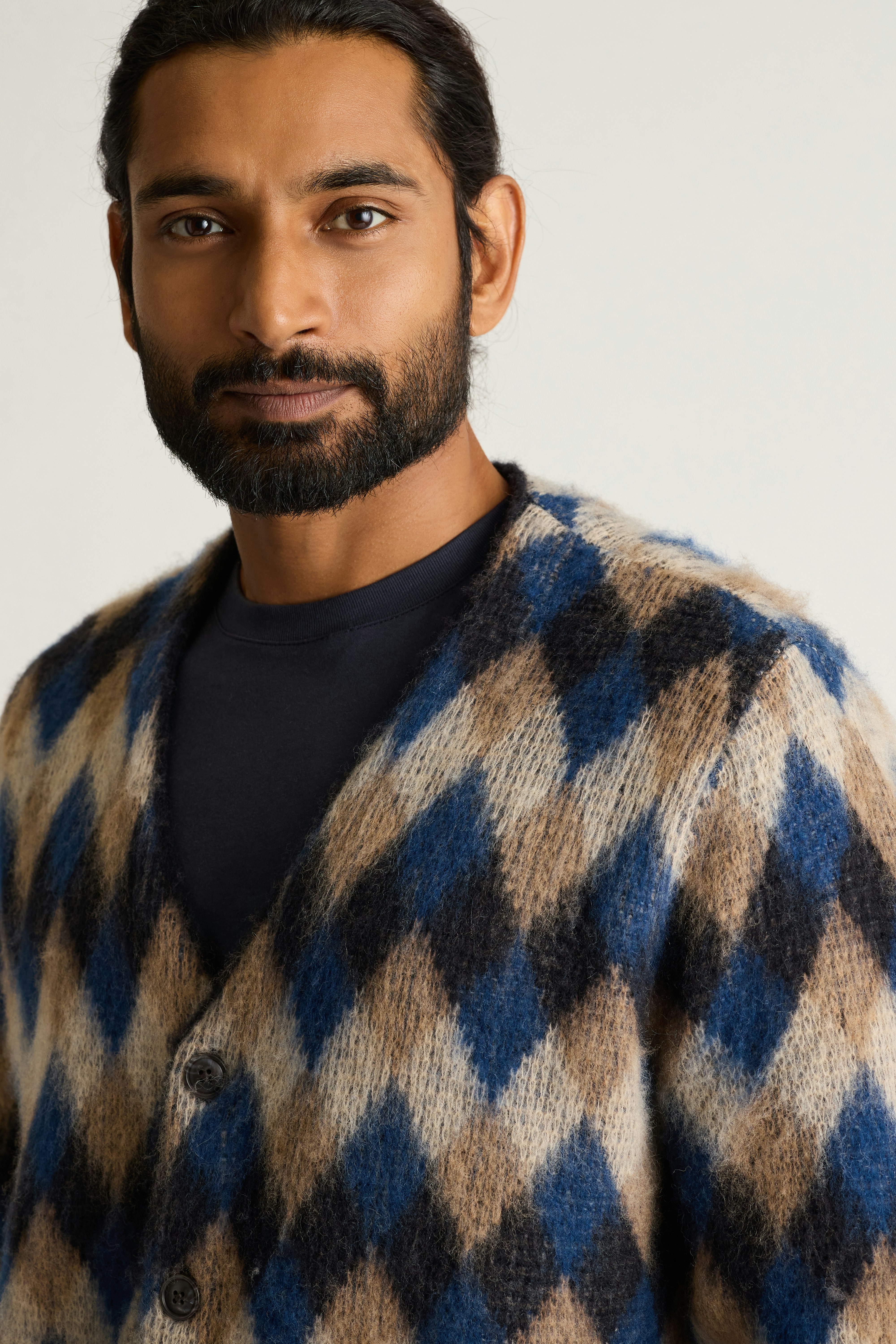 Italian Brushed Wool Cardigan blue tan argyle