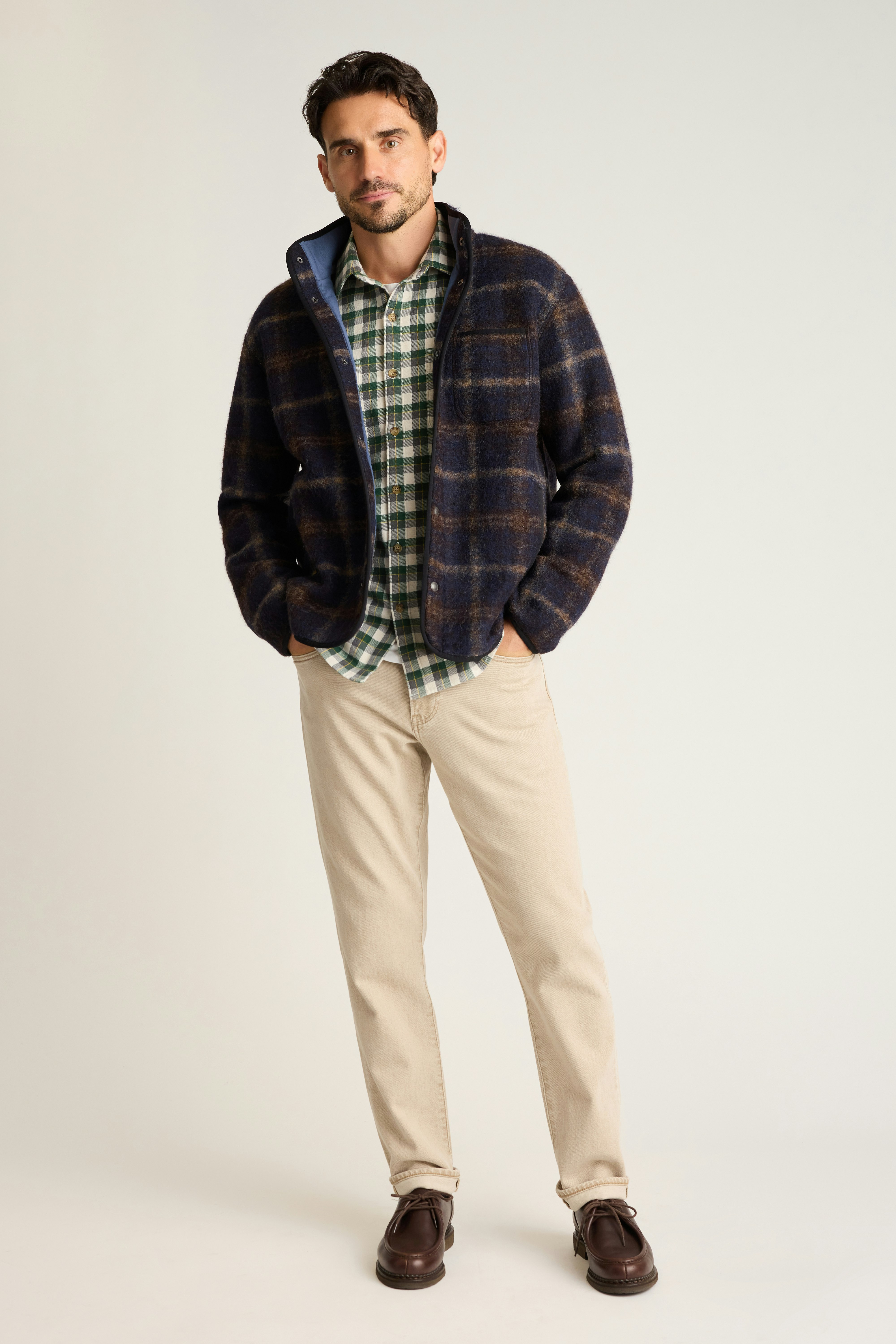 Italian Wool Fleece Jacket navy brown plaid