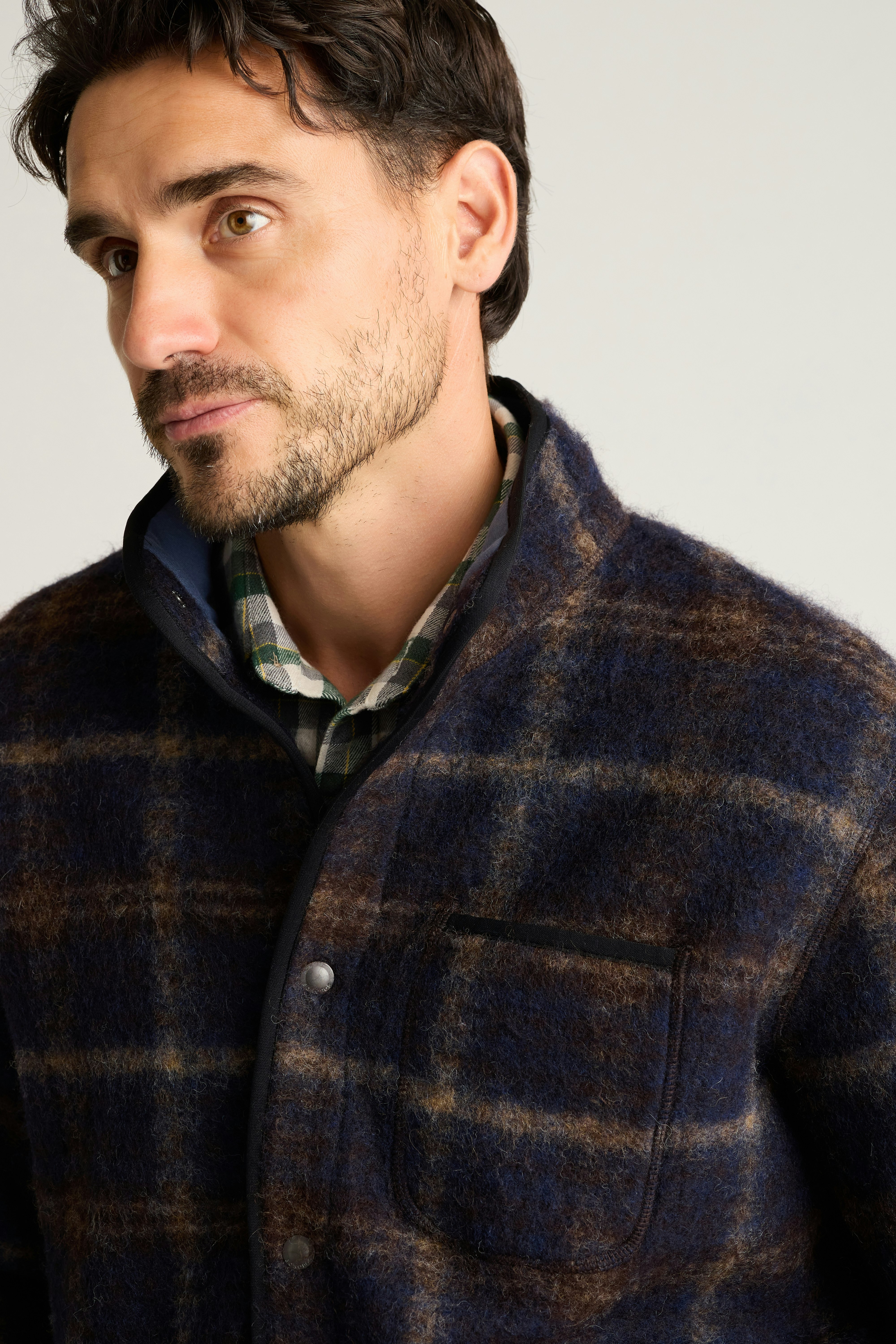 Italian Wool Fleece Jacket navy brown plaid