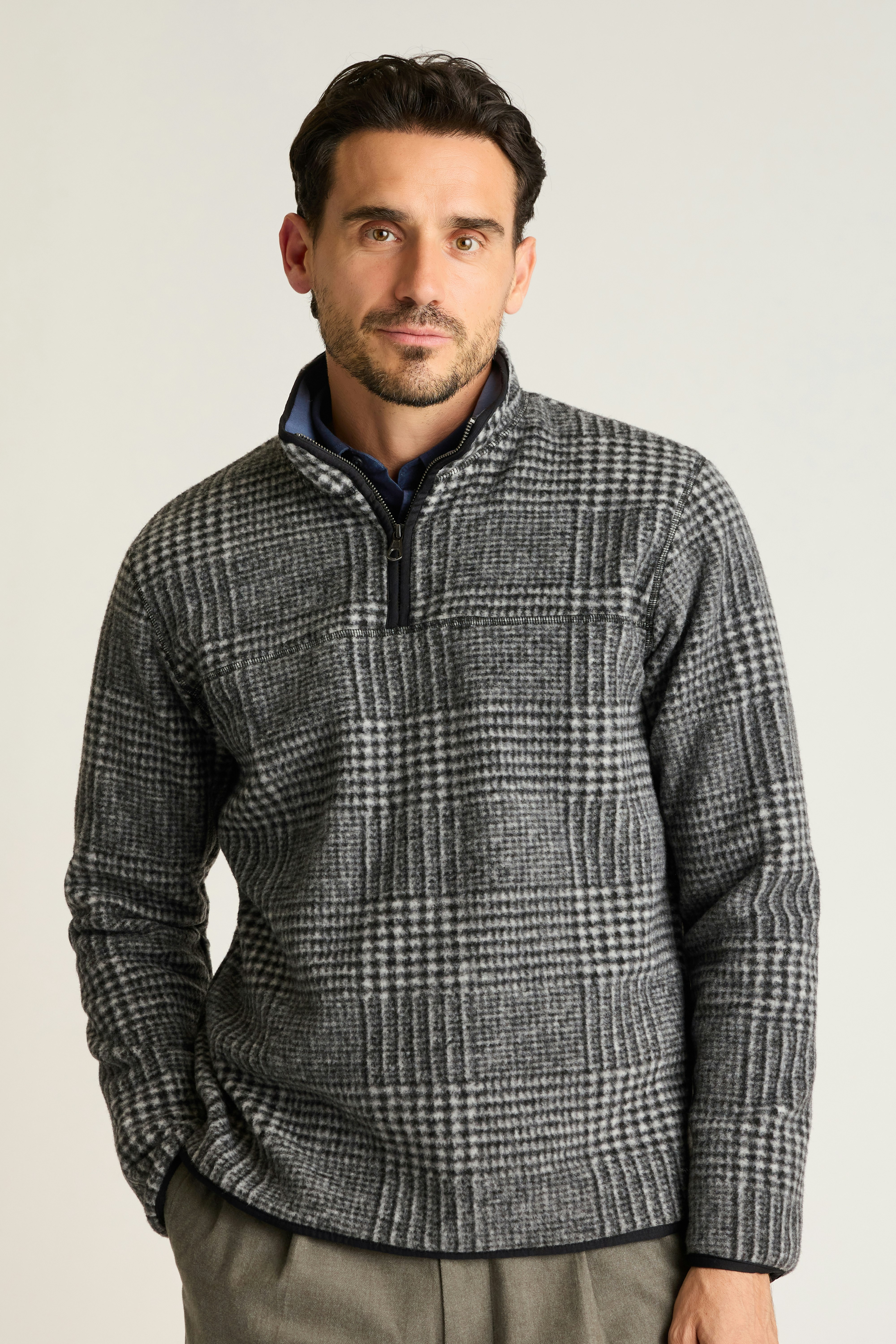 Italian Wool Fleece Quarter Zip grey glenplaid 3 Italian Wool Fleece Quarter Zip grey glenplaid