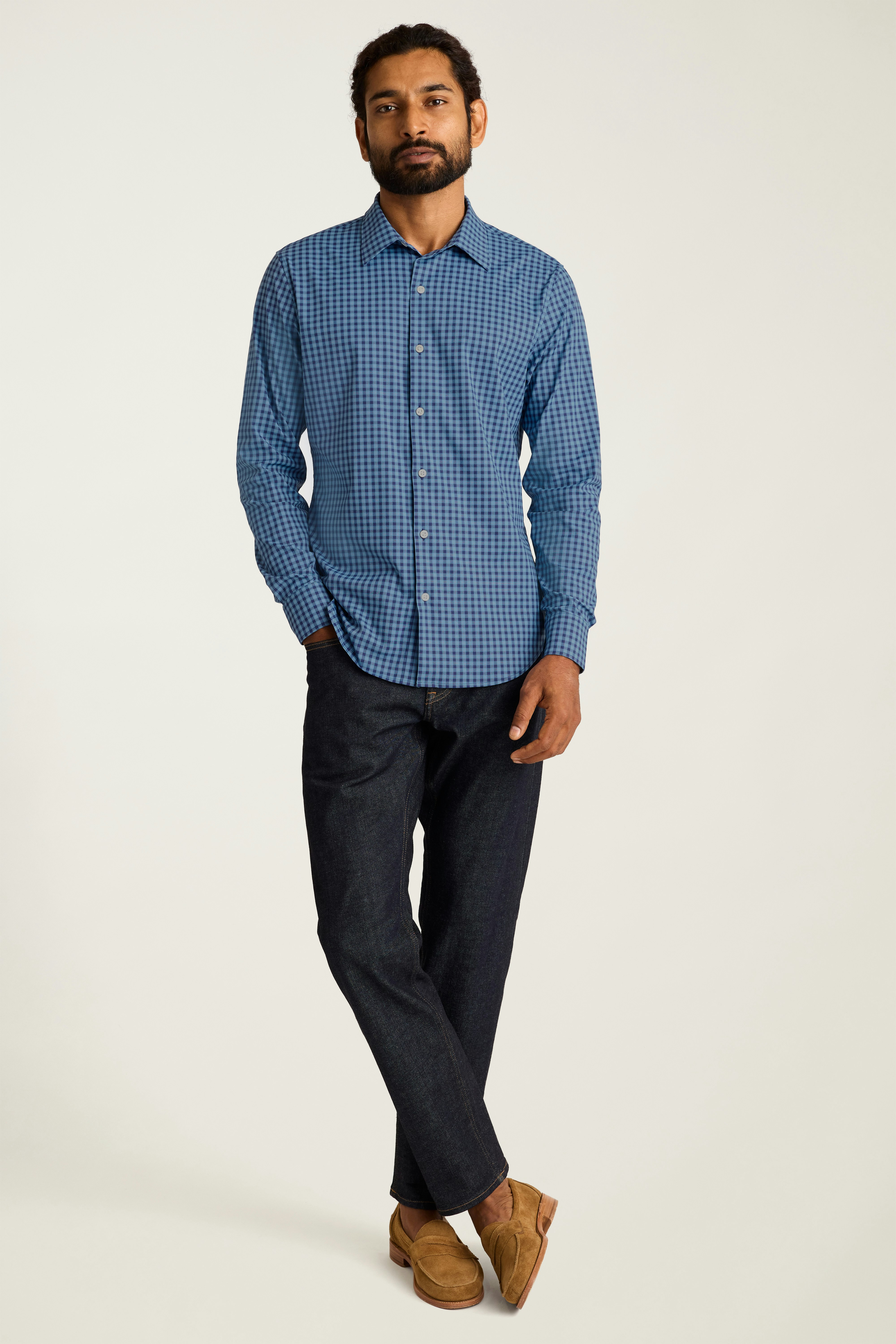 Tech Button Down Shirt navy blue gingham