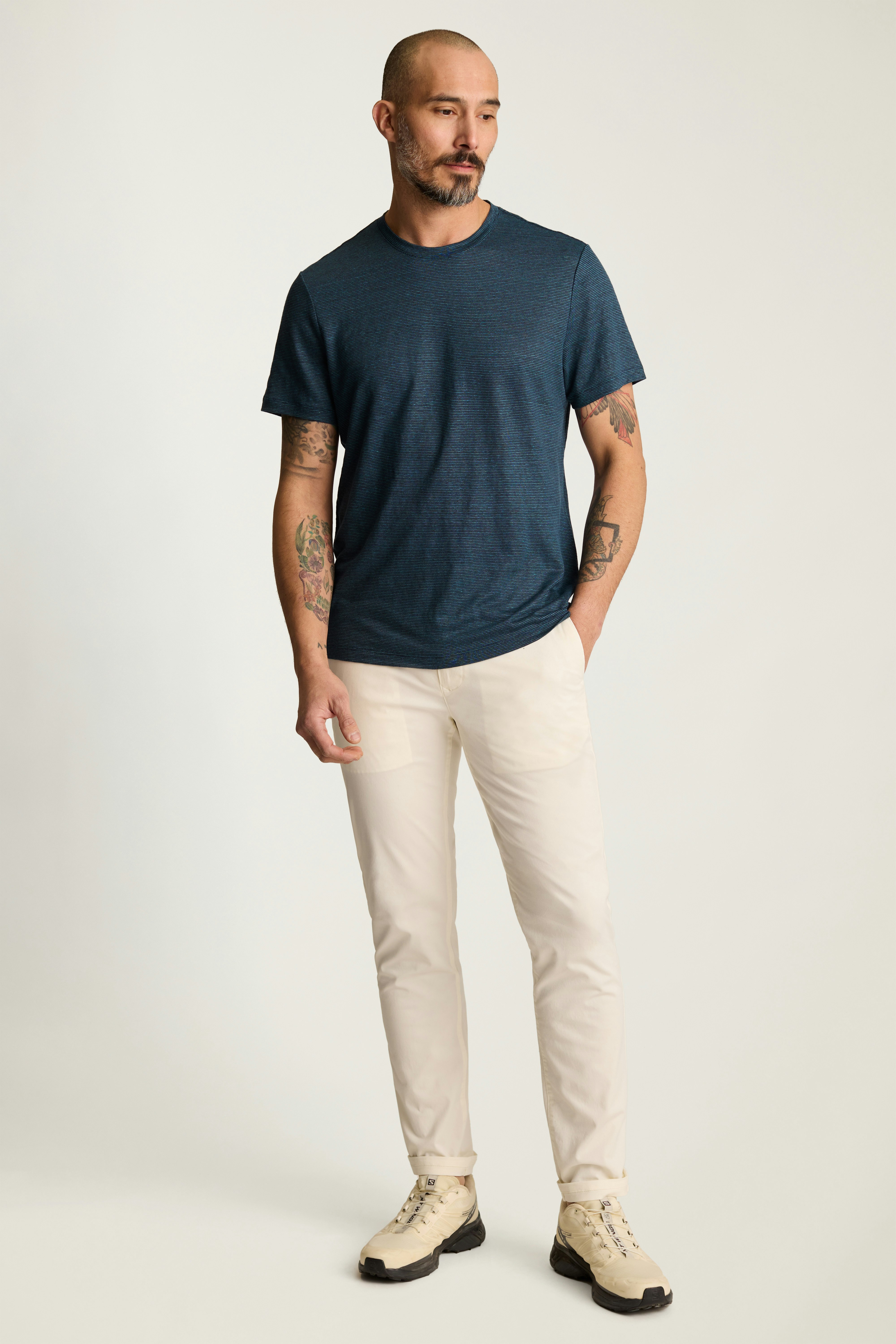 Linen Crew Neck Tee dark sea blue stripe