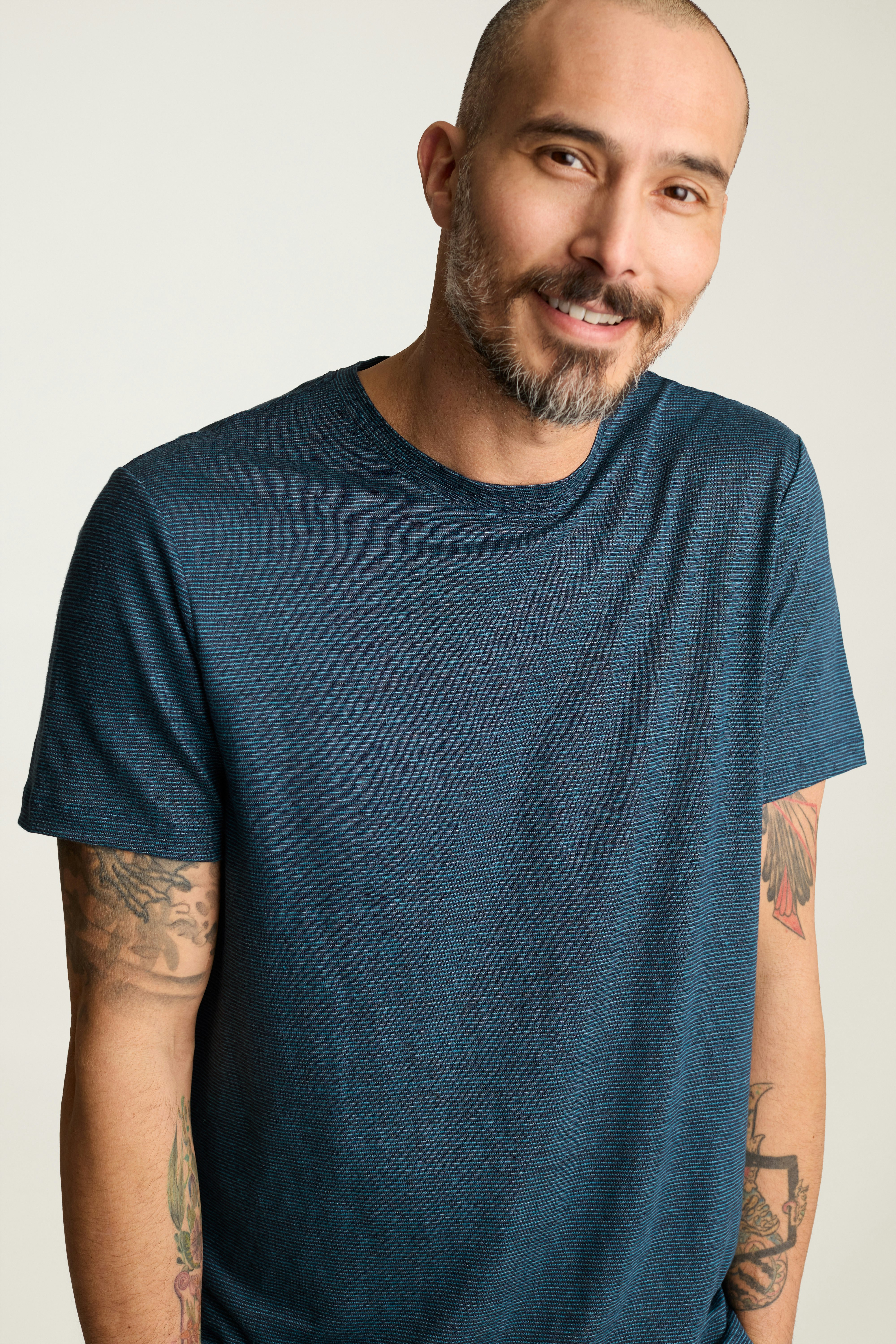 Linen Crew Neck Tee dark sea blue stripe