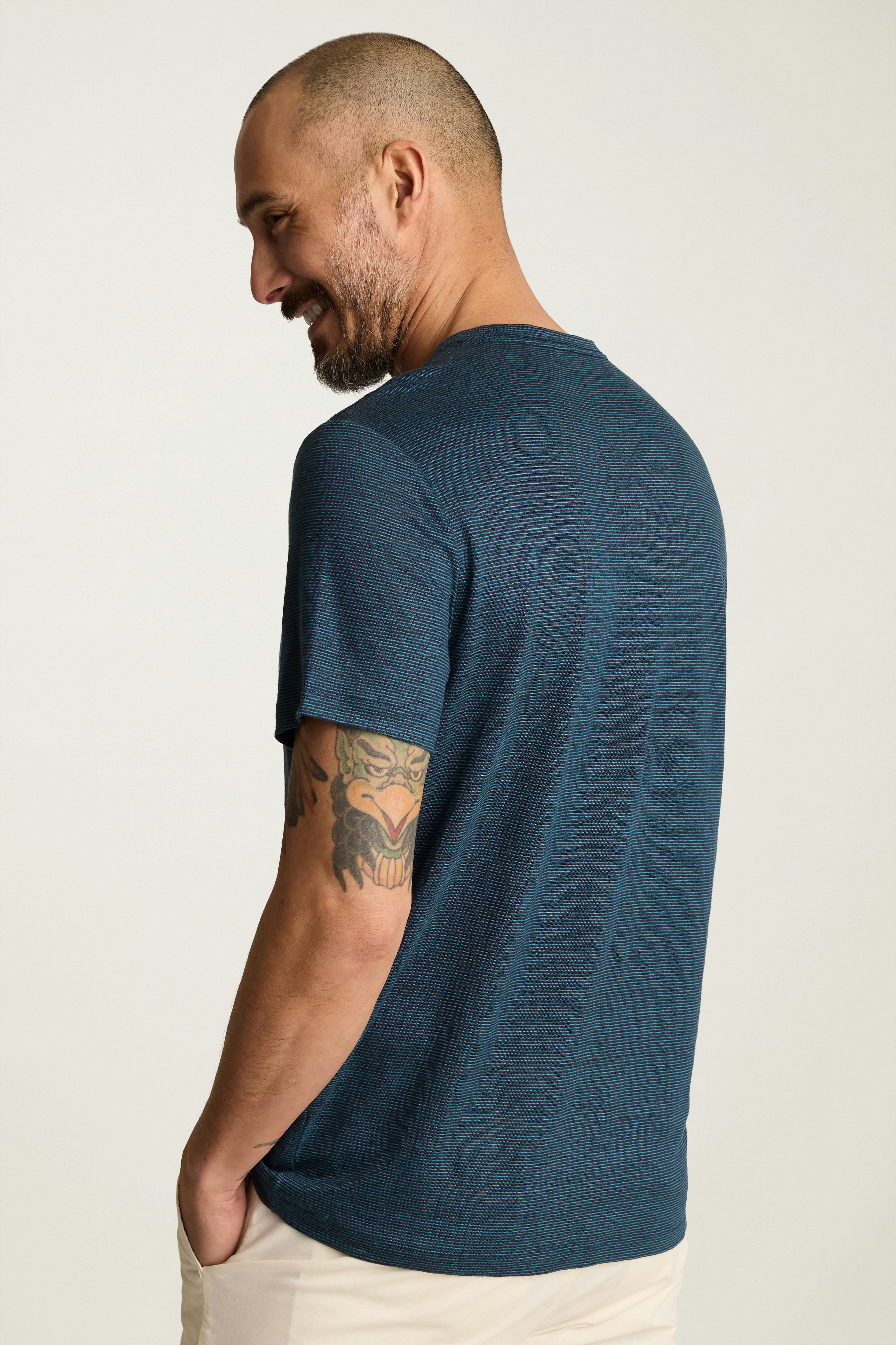 Linen Crew Neck Tee dark sea blue stripe