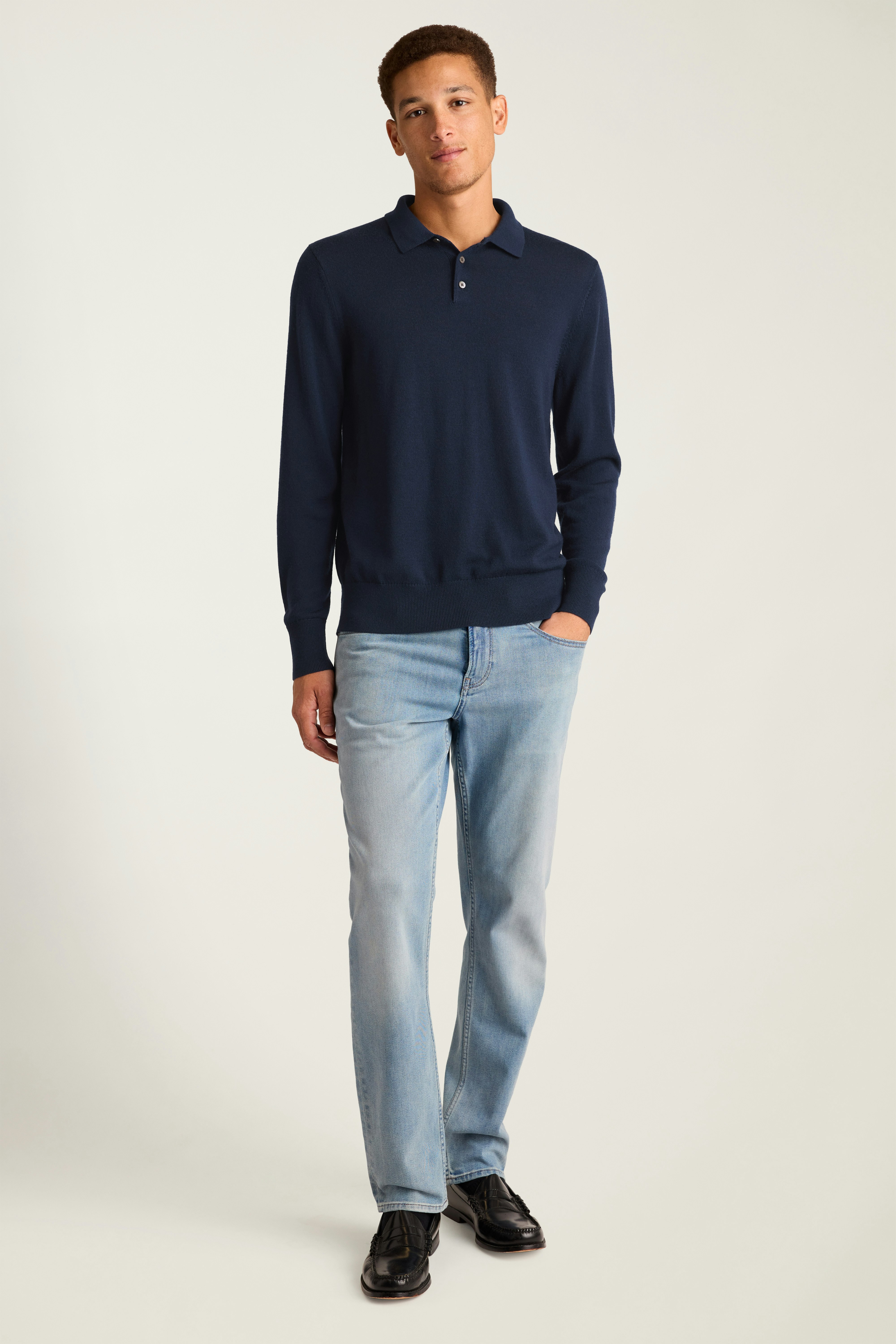 Merino Long Sleeve Sweater Polo navy merino