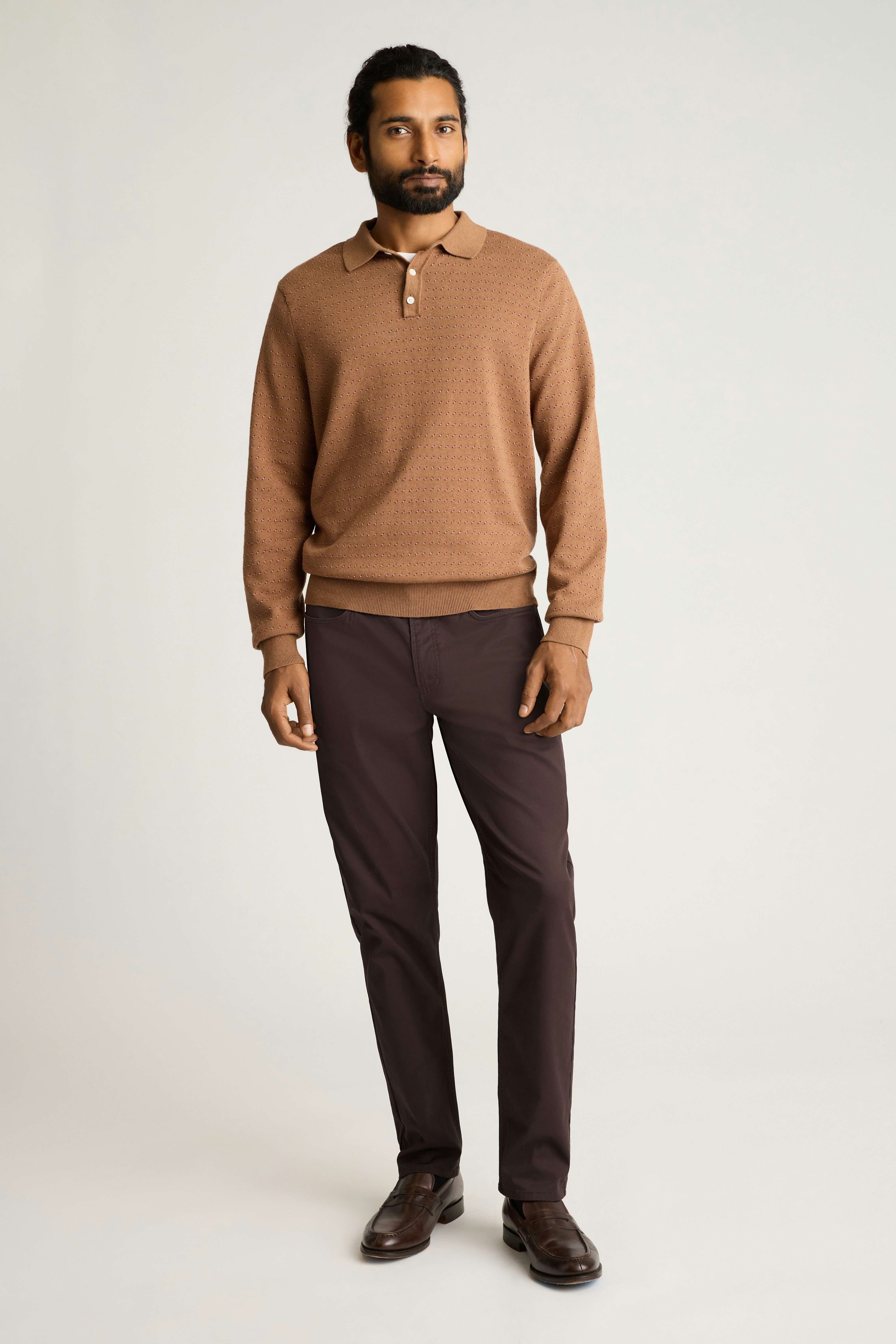 Hudson Long Sleeve Sweater Polo tan dotted cotton cashmere