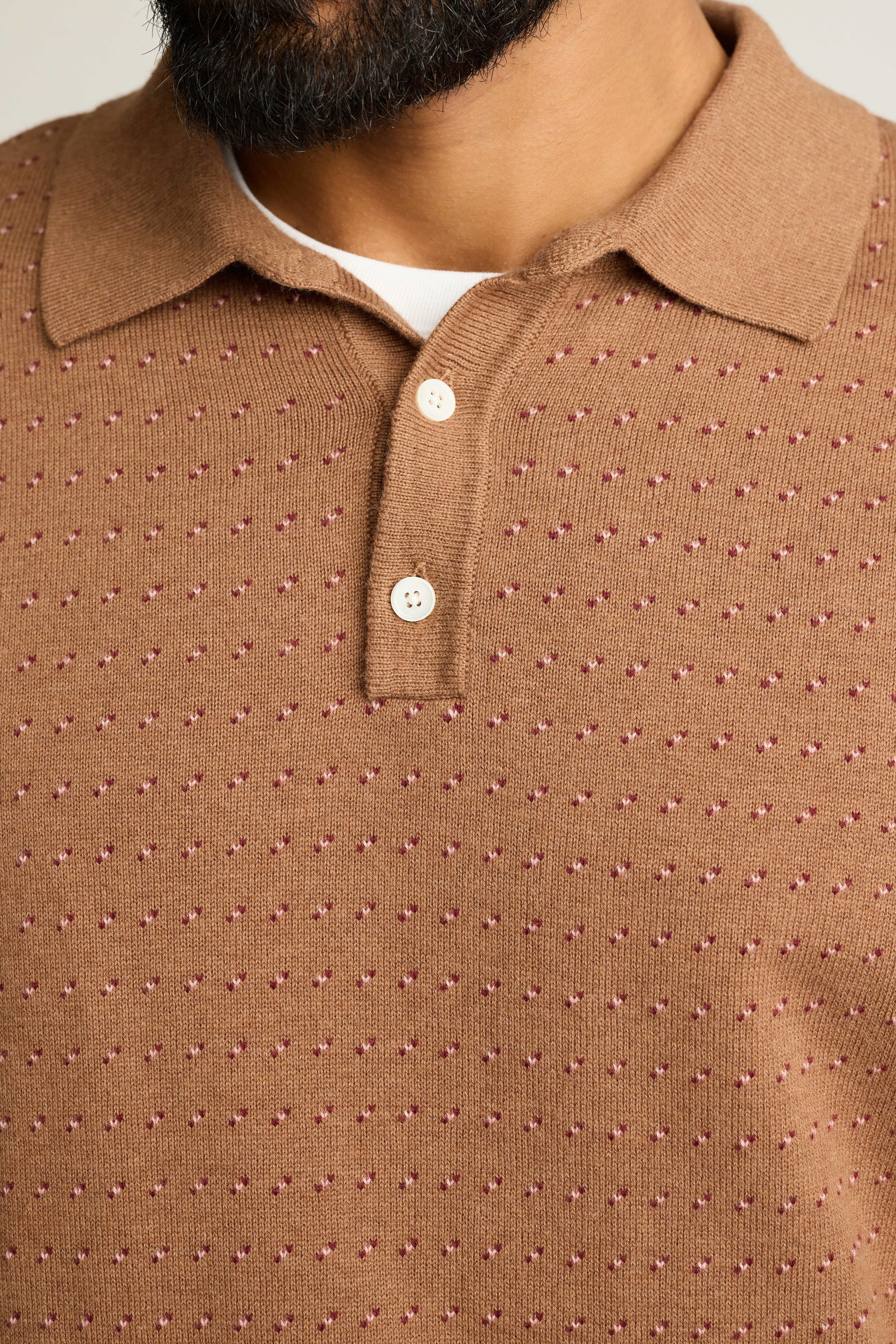 Hudson Long Sleeve Sweater Polo tan dotted cotton cashmere