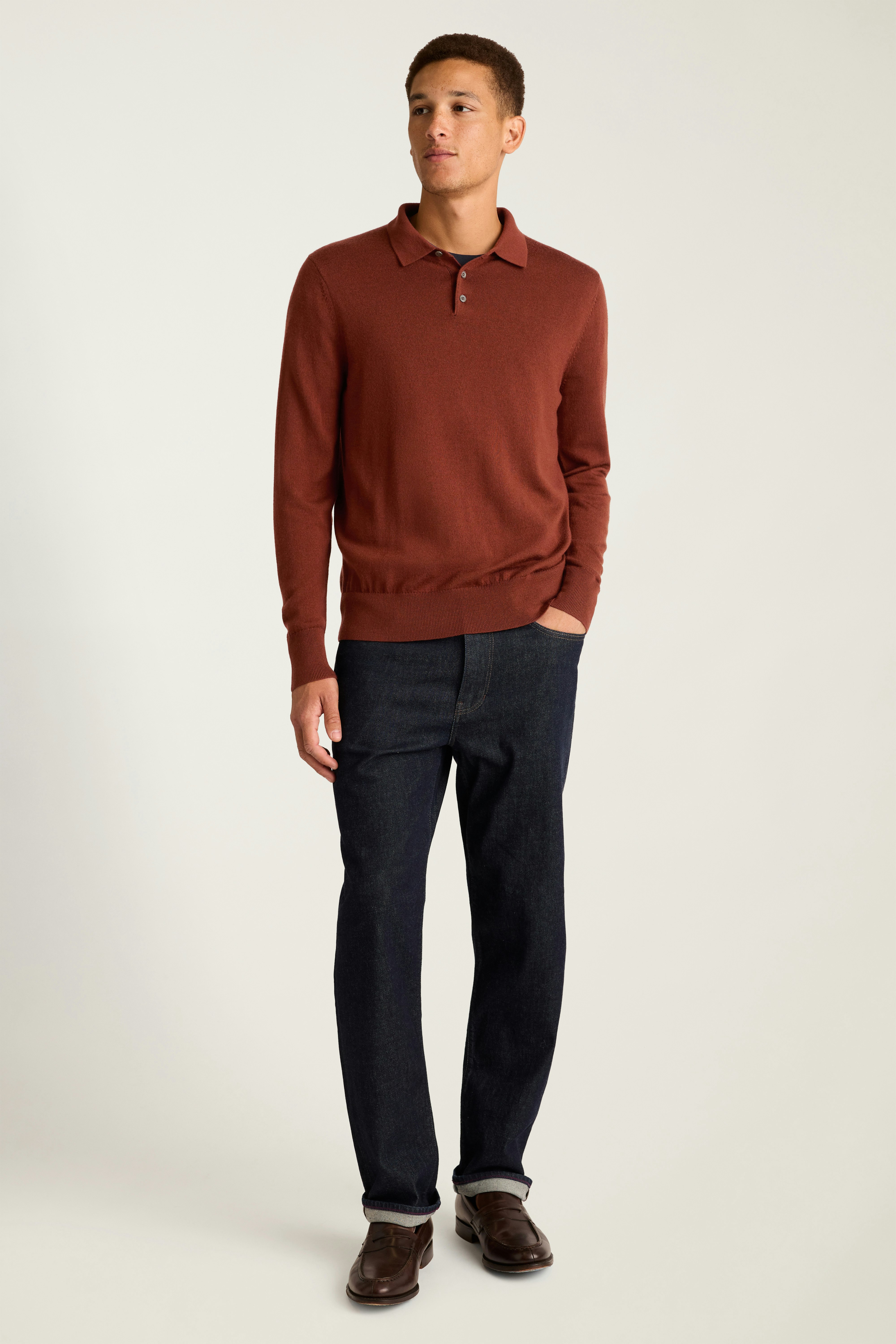 Merino Long Sleeve Sweater Polo dark amber merino