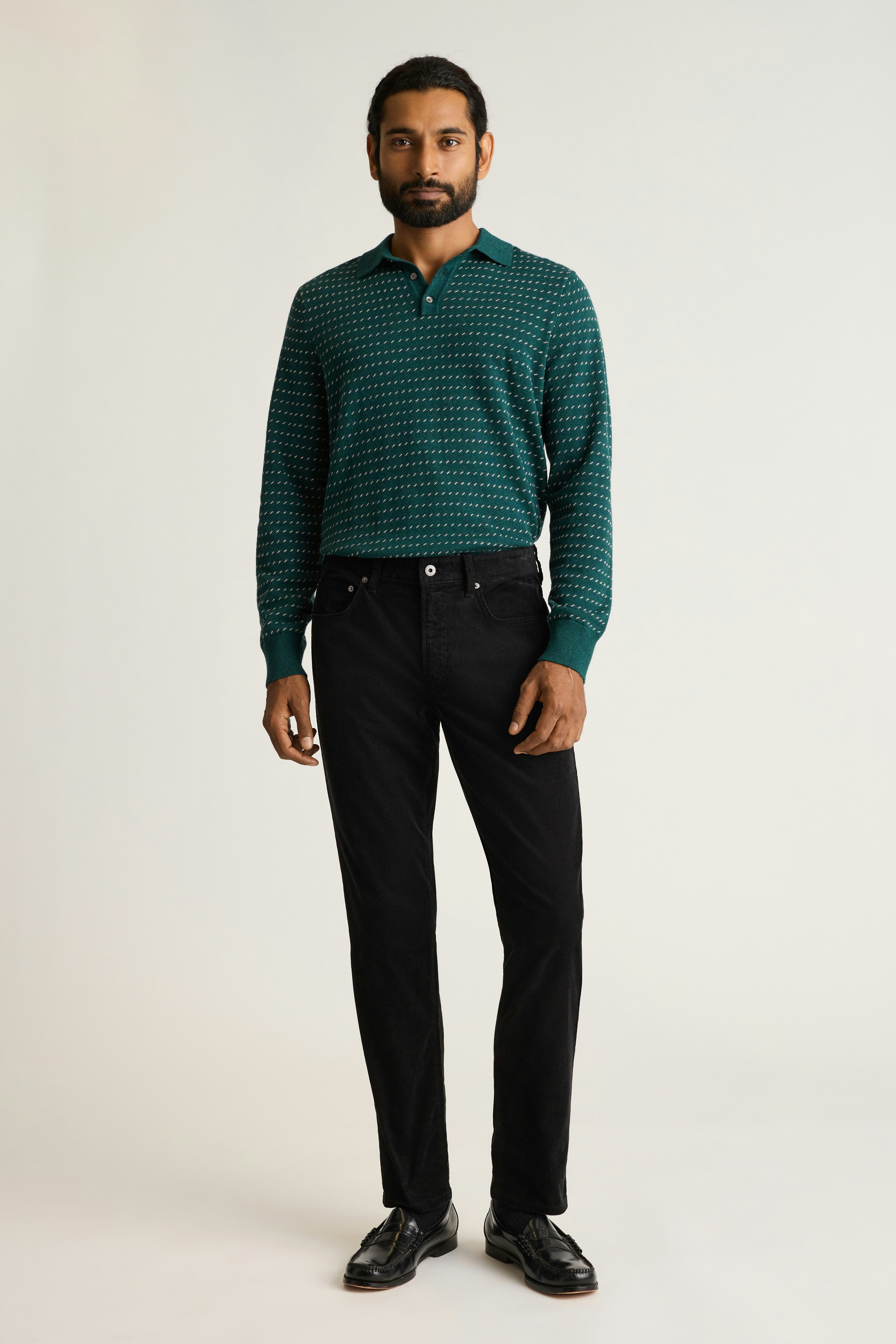 Hudson Long Sleeve Sweater Polo blue green dotted cotton cashmere