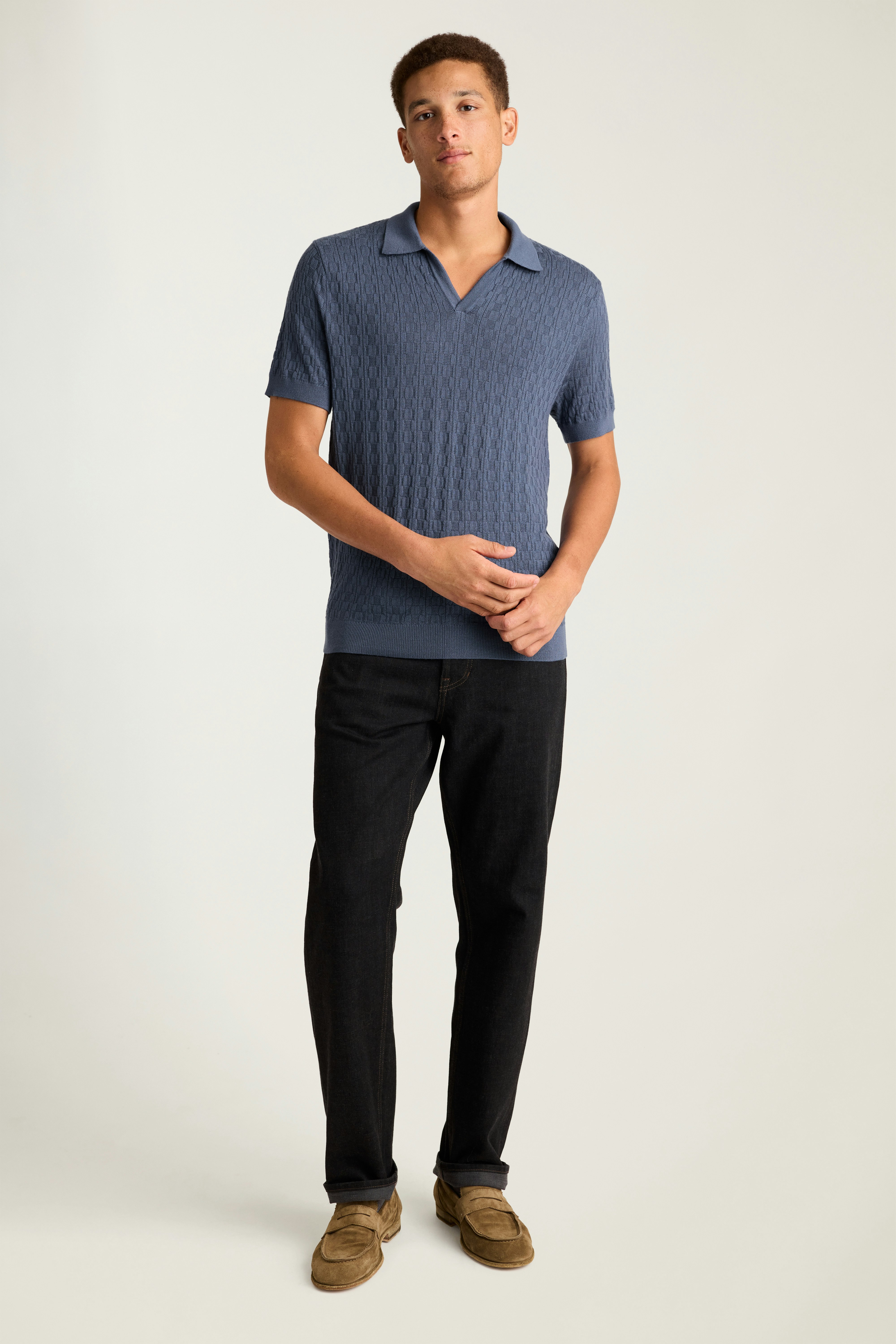 Hudson Sweater Polo mid blue grid merino
