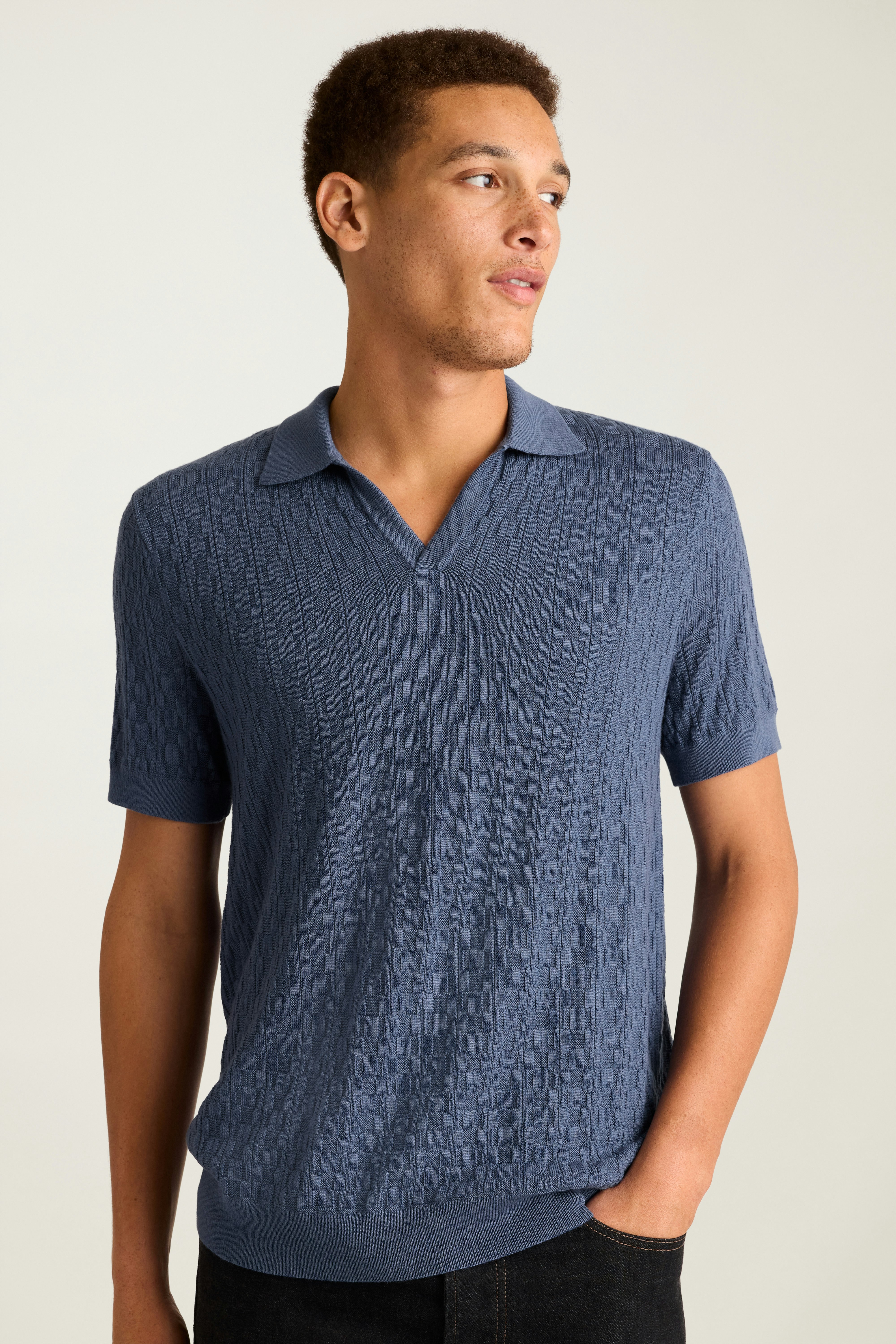 Hudson Sweater Polo mid blue grid merino