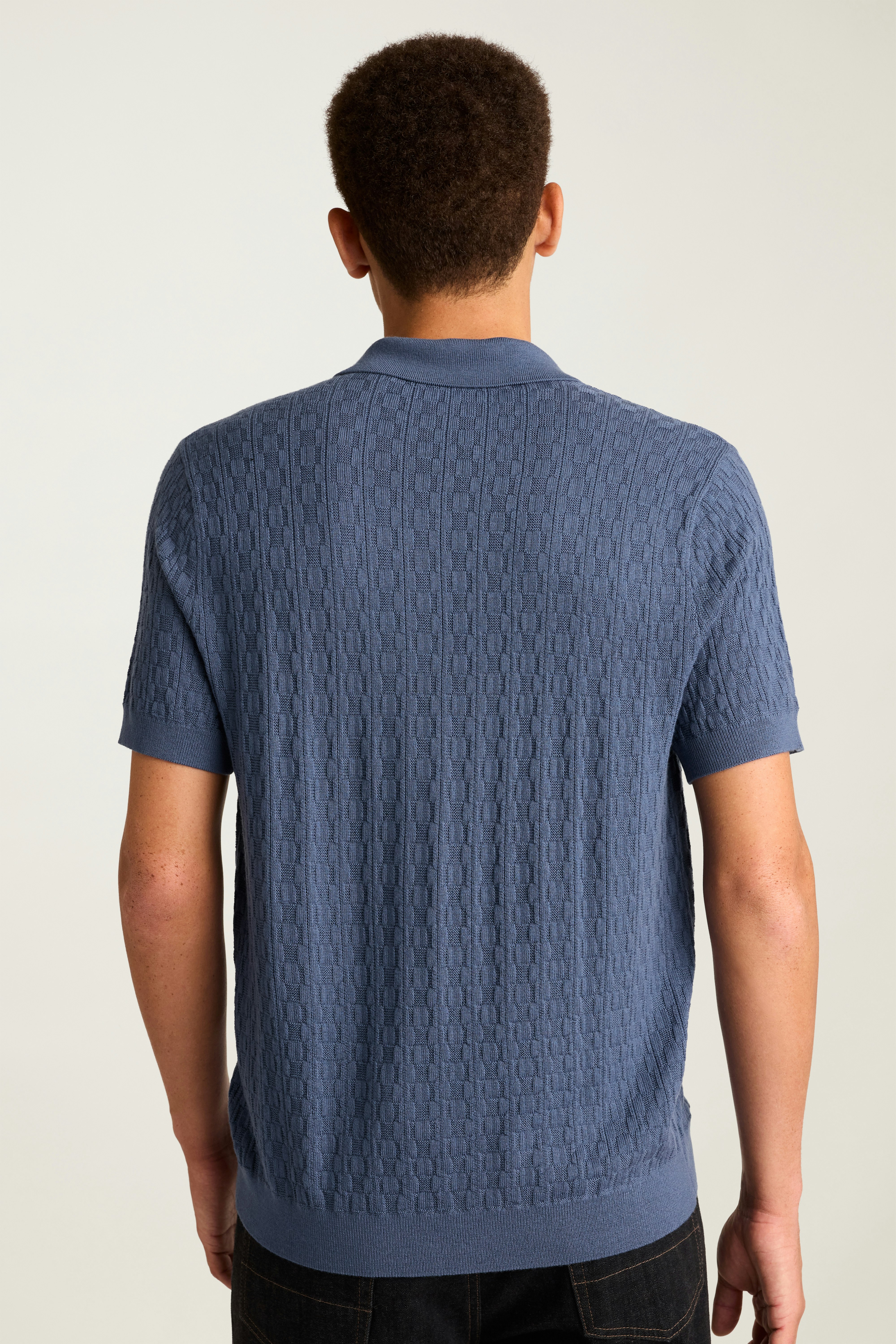 Hudson Sweater Polo mid blue grid merino