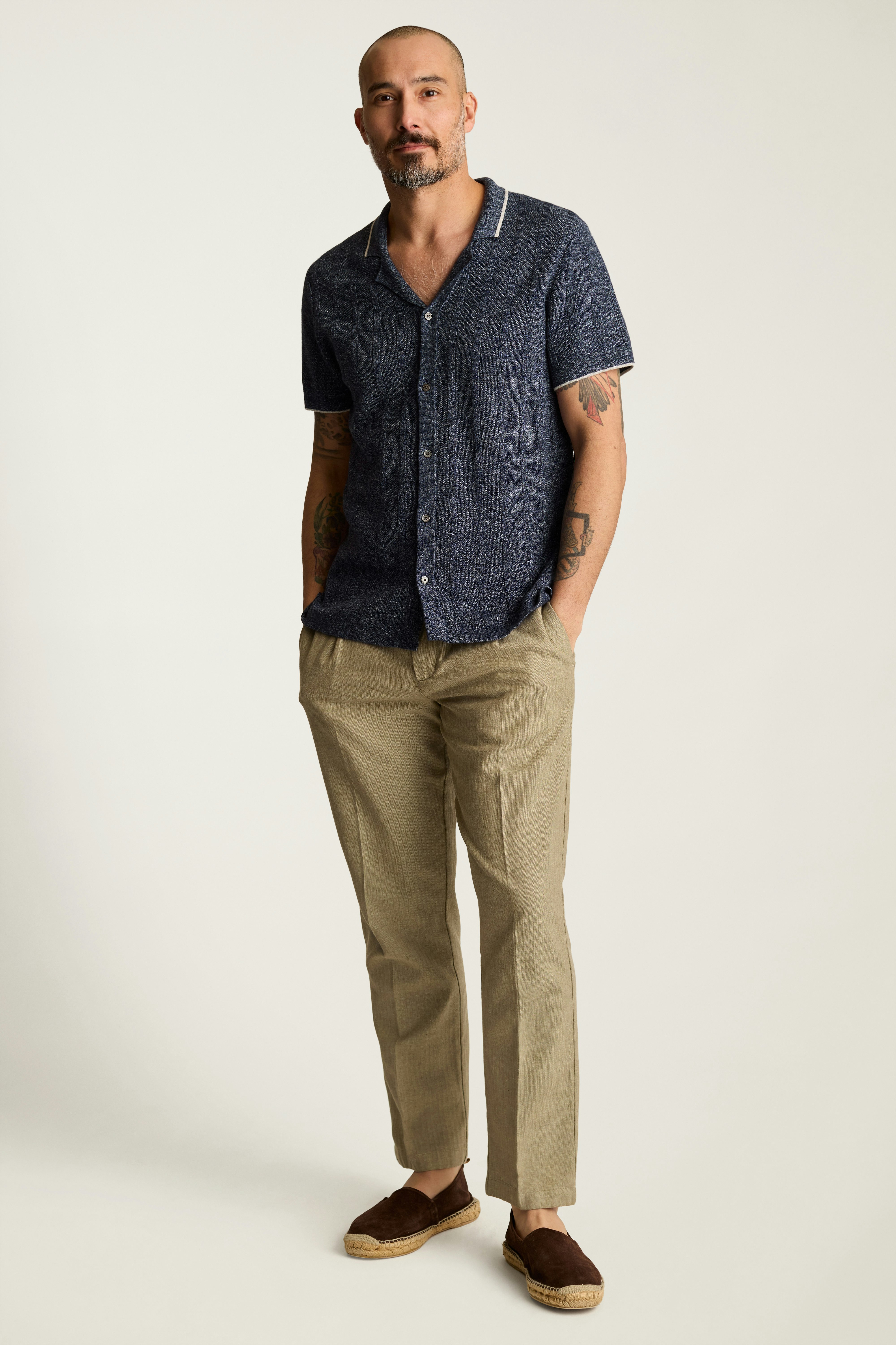 Hudson Cabana Sweater Polo navy blue linen stripe