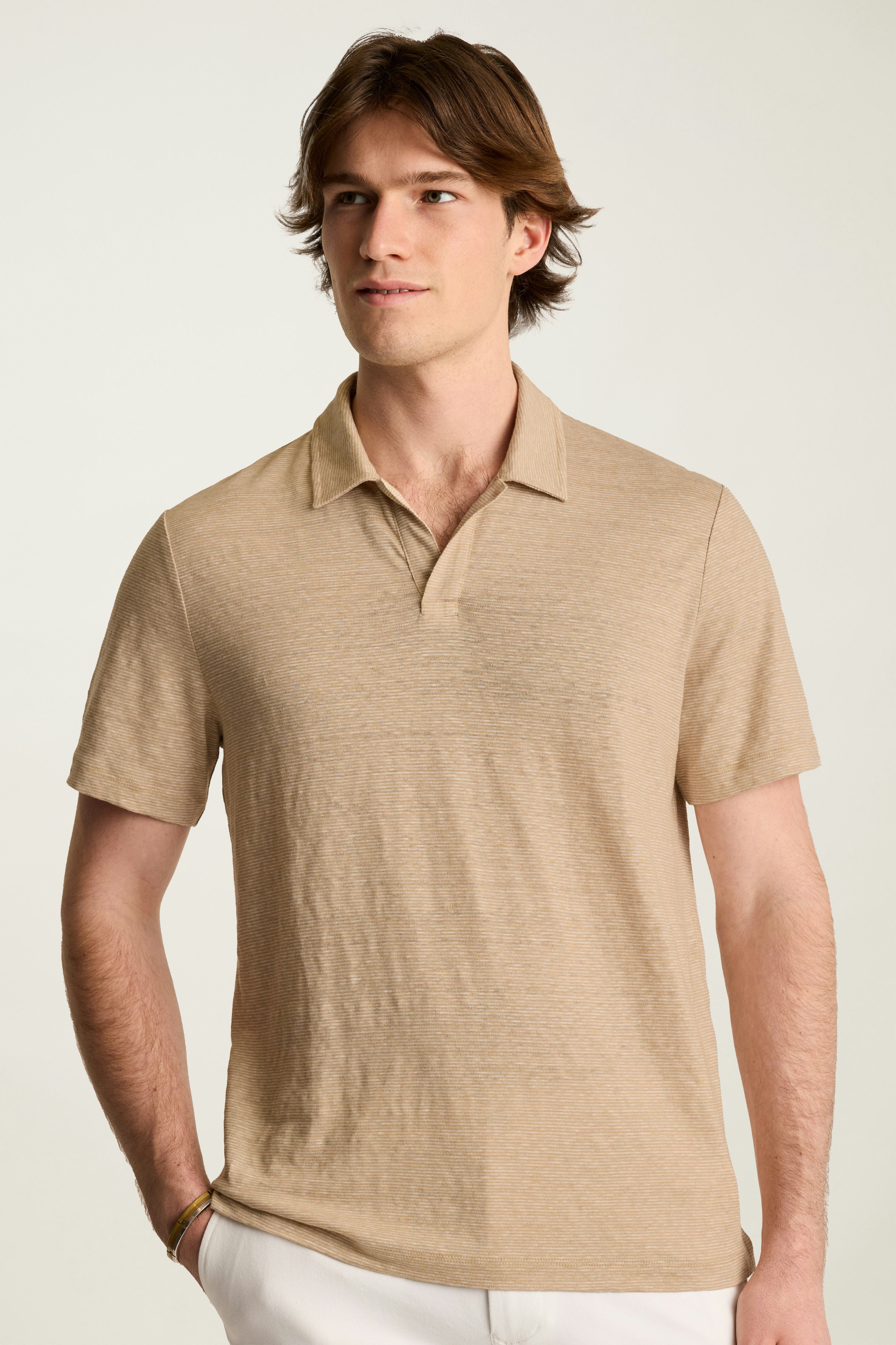 Linen Polo tan stripe 3 Linen Polo tan stripe
