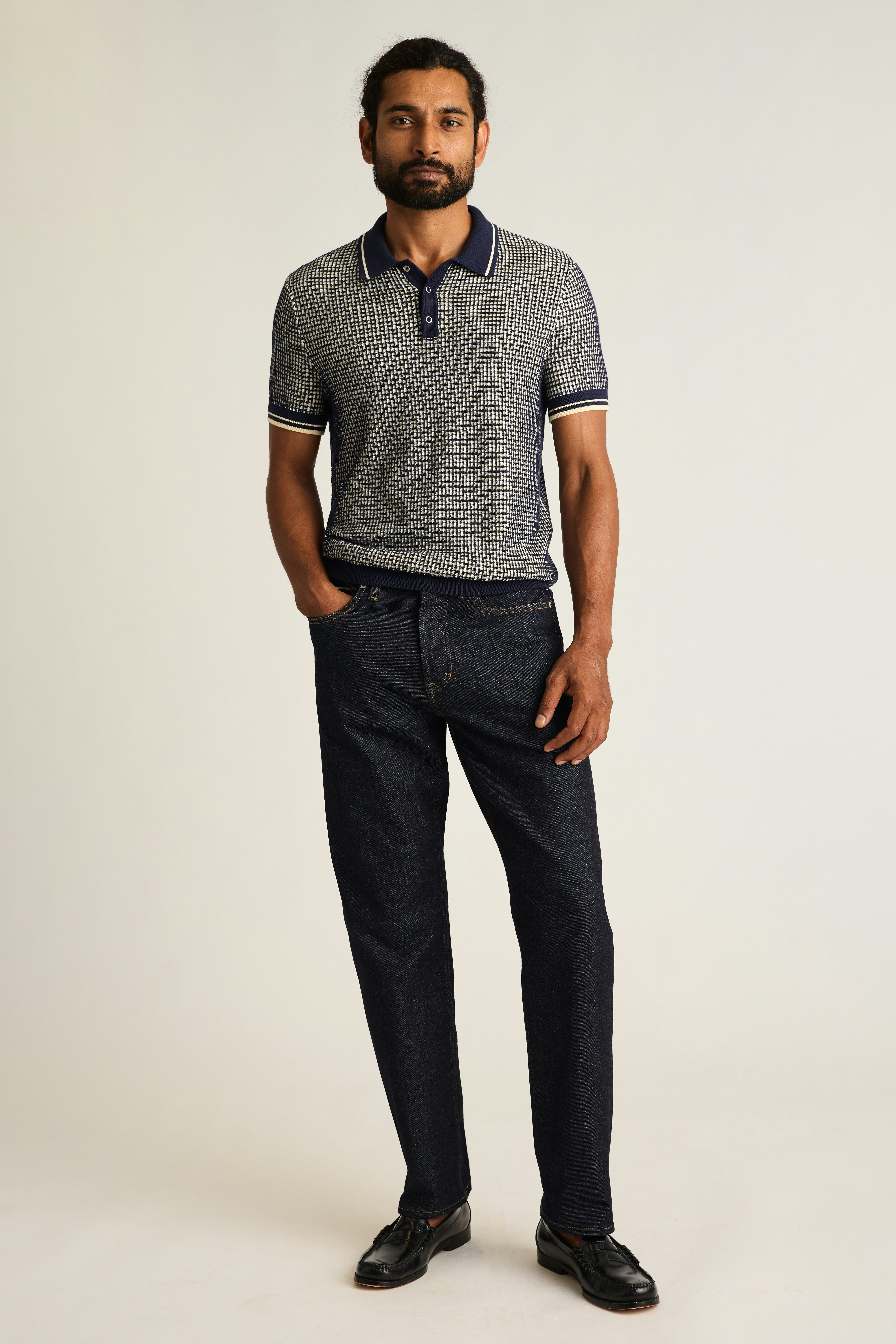 Hudson Sweater Polo navy white grid cotton