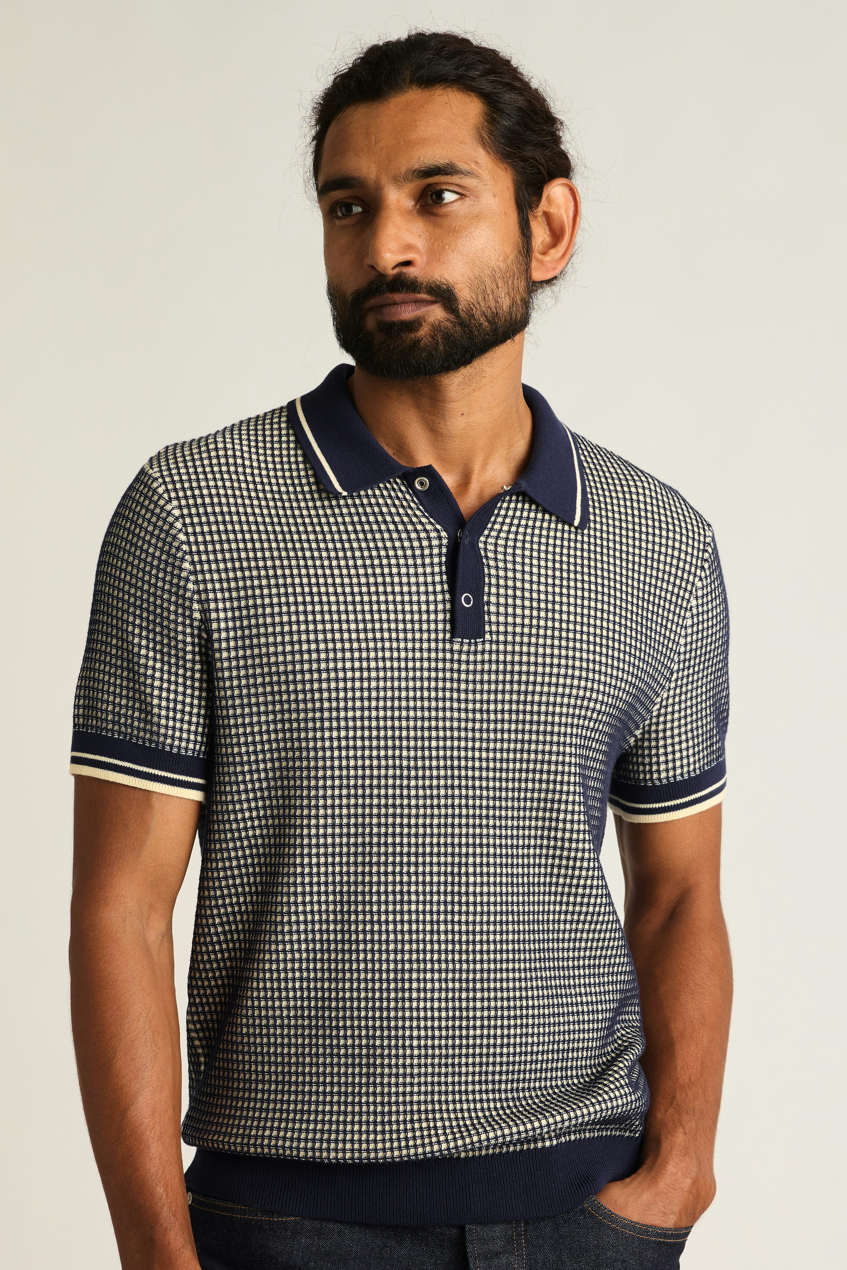 Hudson Sweater Polo navy white grid cotton
