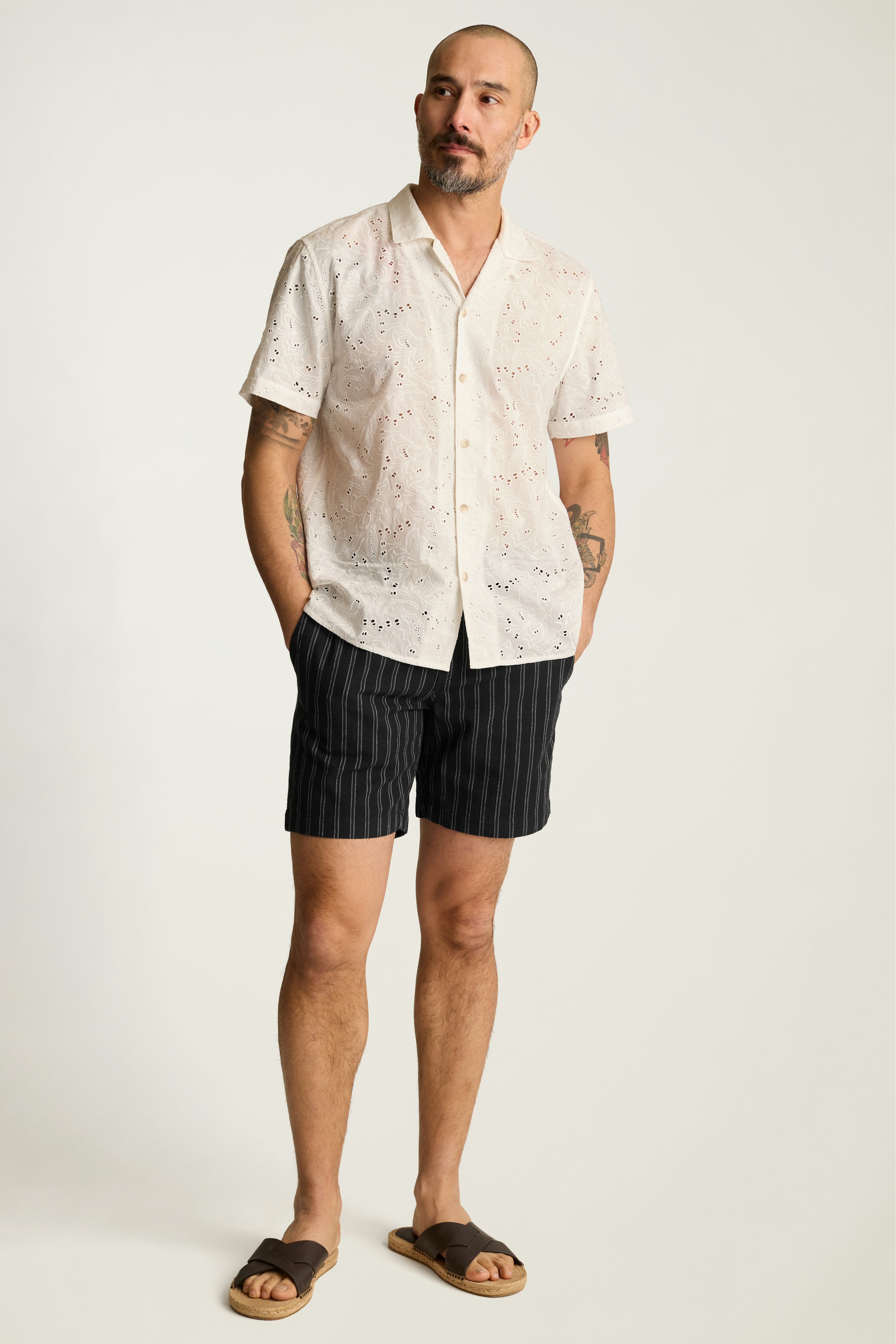 Nomad Short black and white linen stripe 1 Nomad Short black and white linen stripe