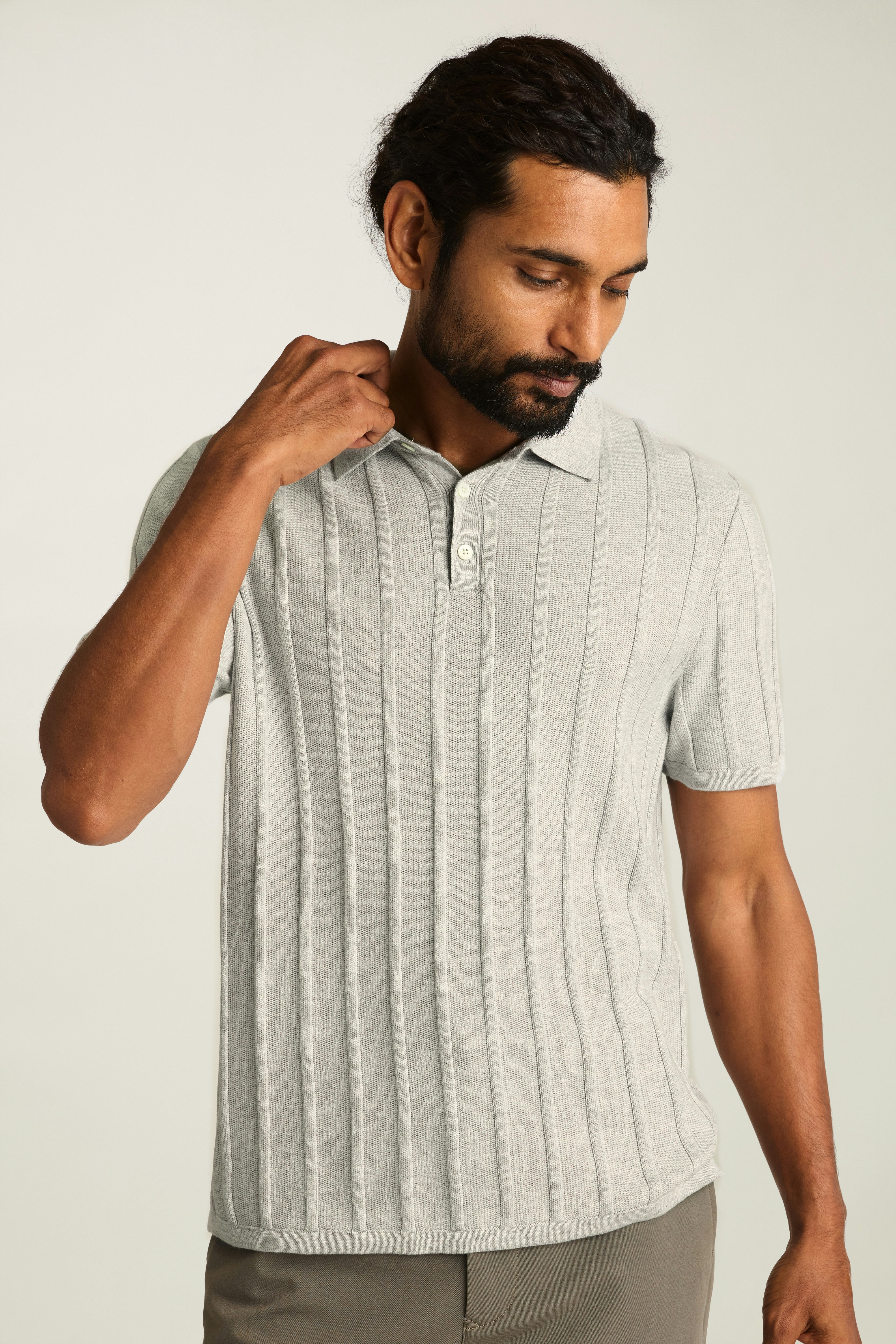 Hudson Sweater Polo silver grey honeycomb cotton