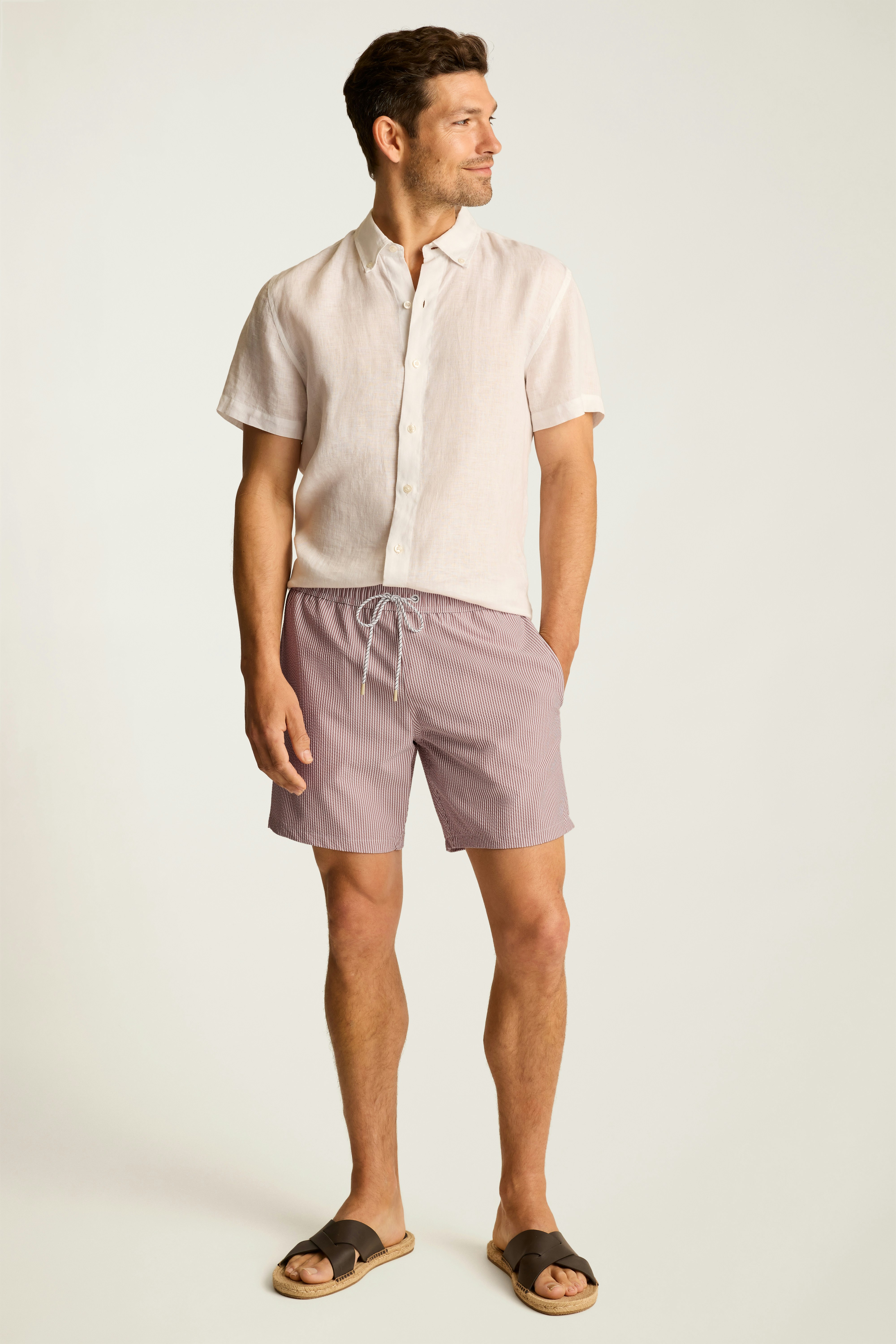 Riviera Swim Trunks tan and white seersucker