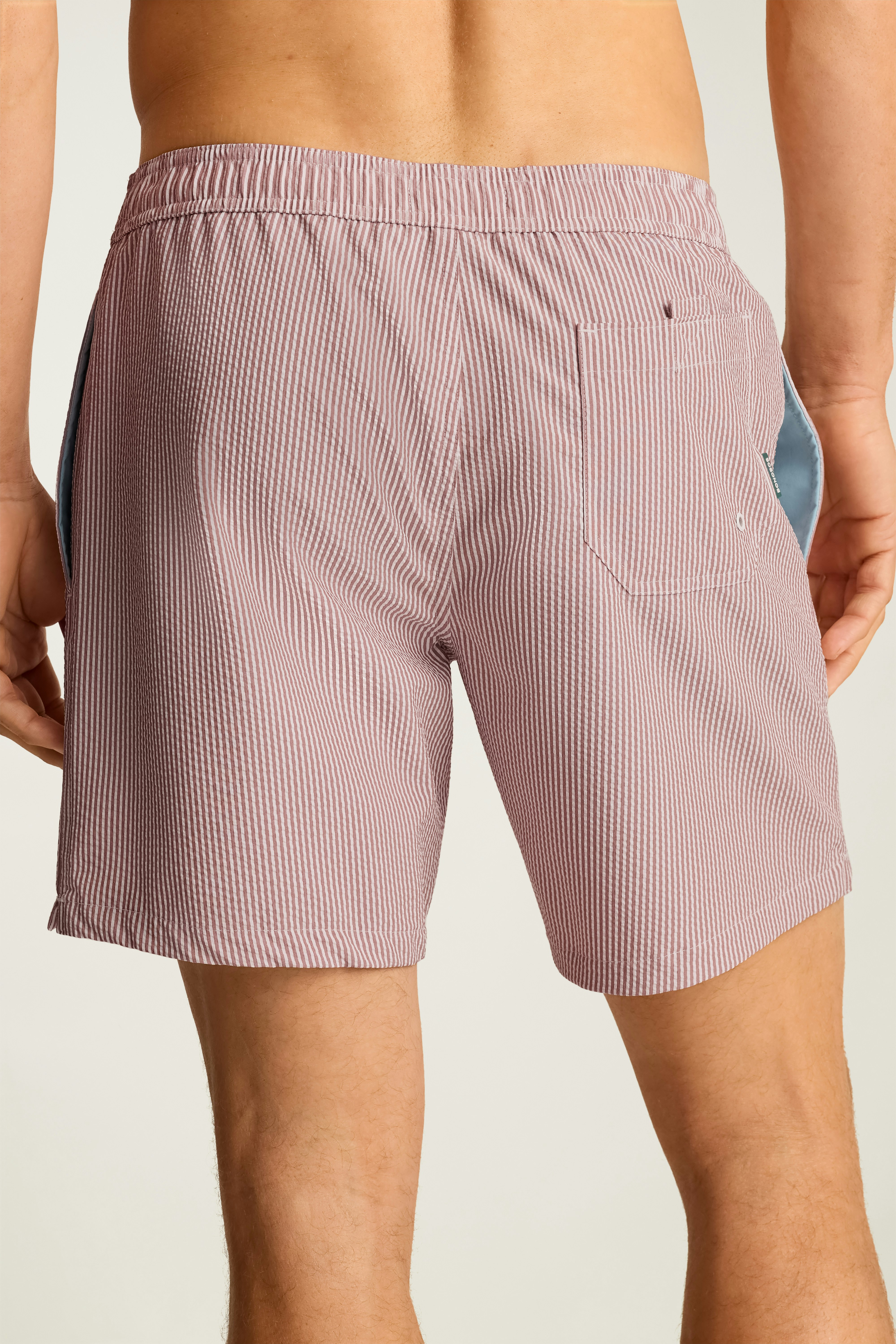 Riviera Swim Trunks tan and white seersucker
