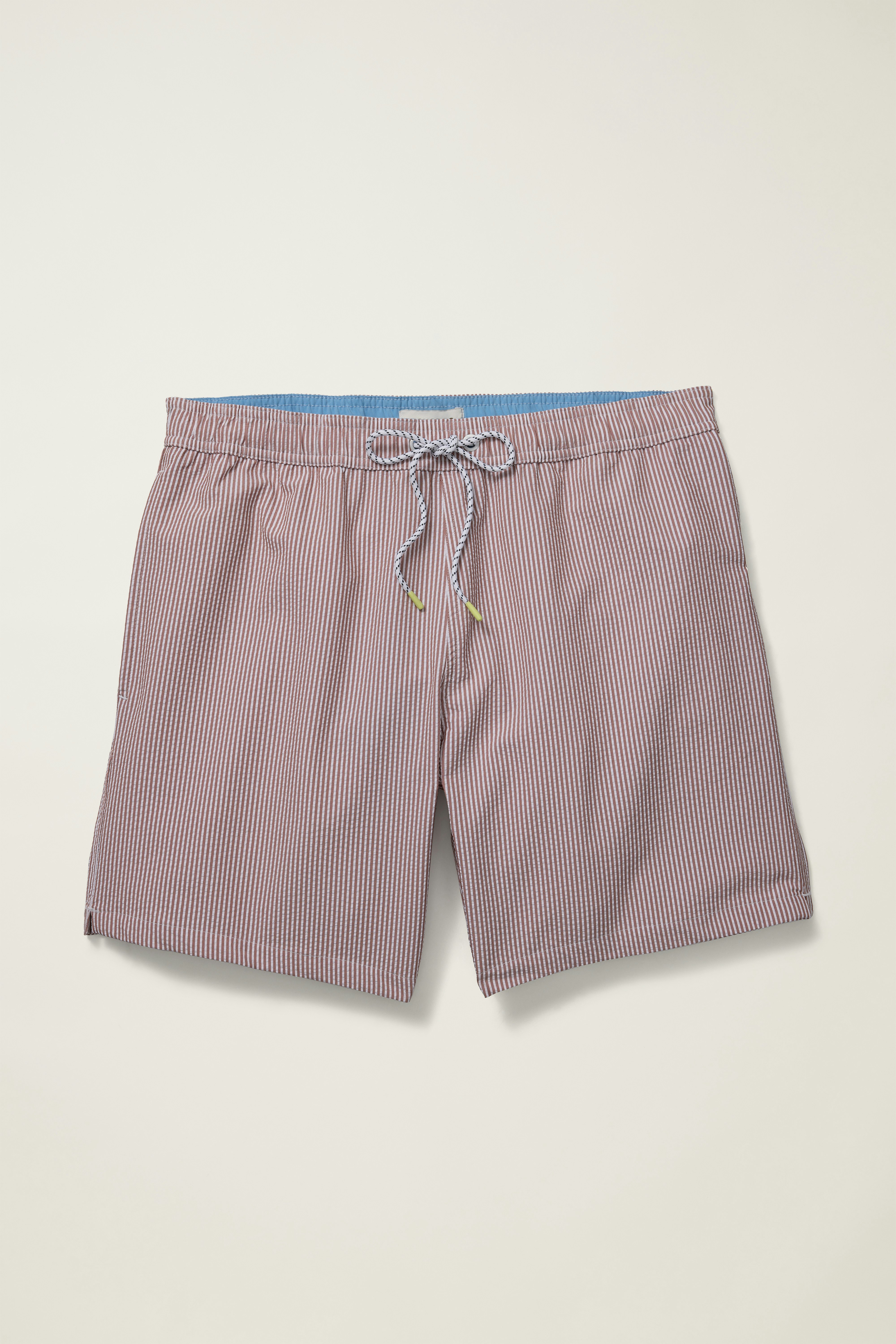 Riviera Swim Trunks tan and white seersucker