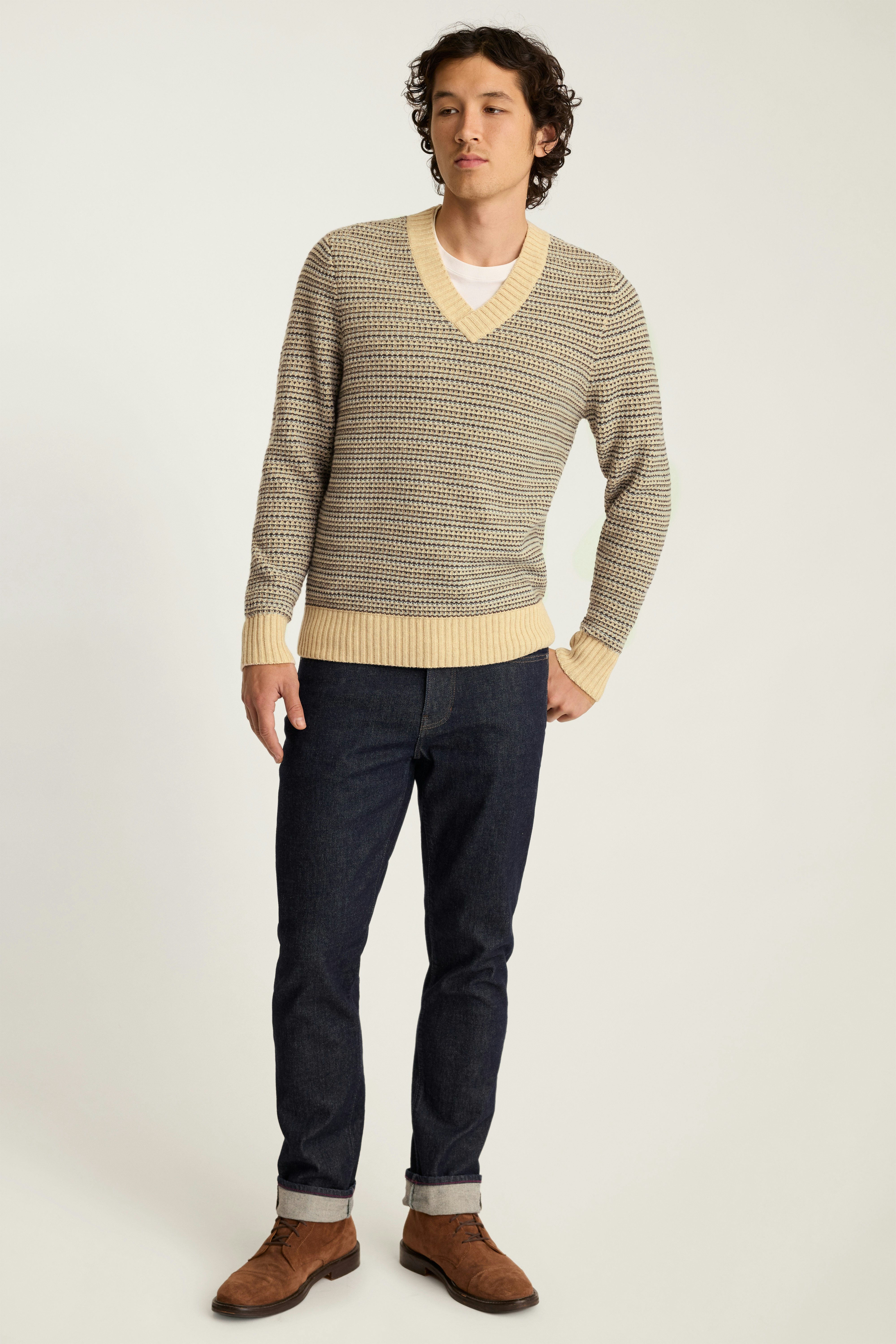 Tricolor V Neck Sweater oatmeal tricolor stripe