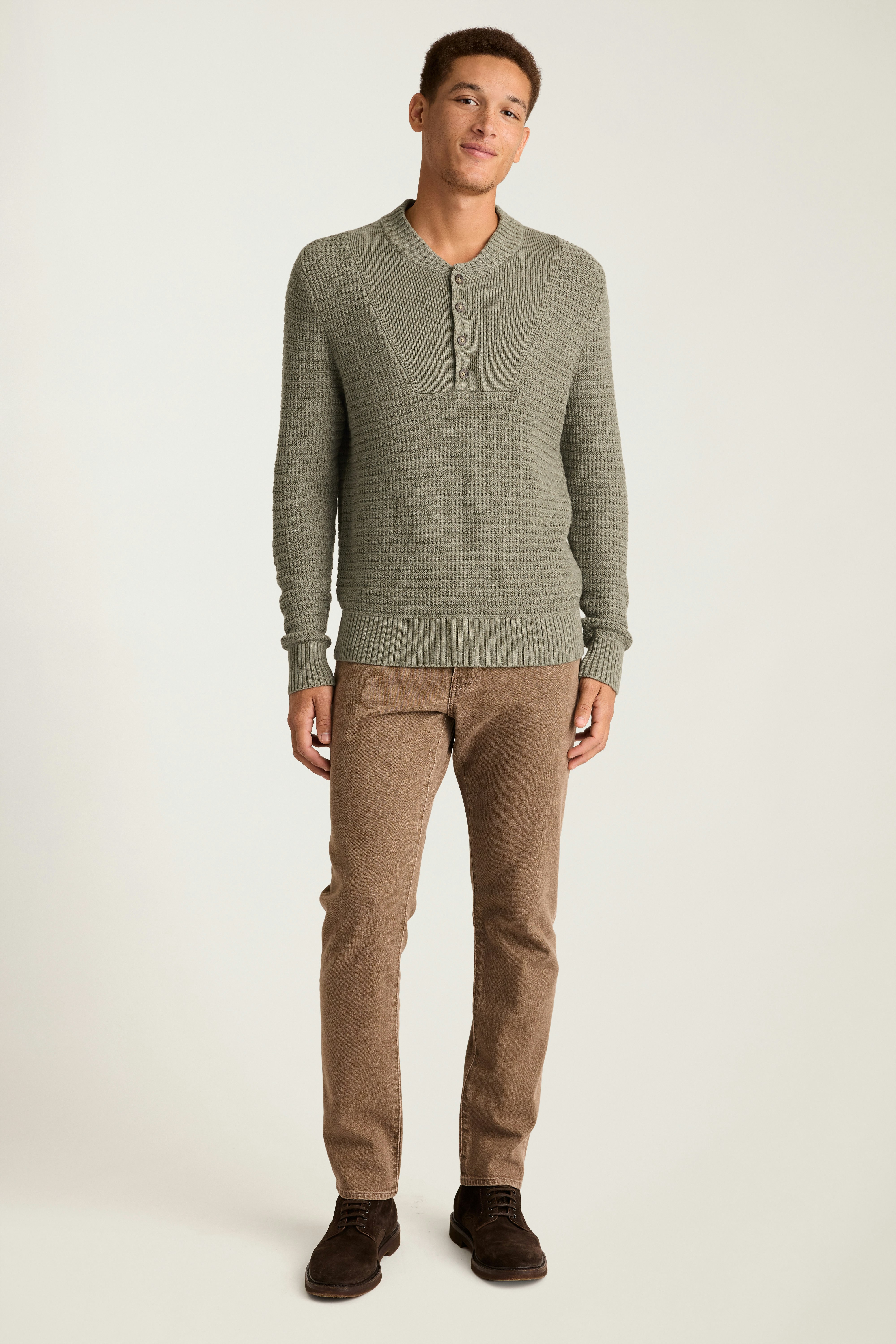 Cotton Cashmere Henley Sweater light olive green